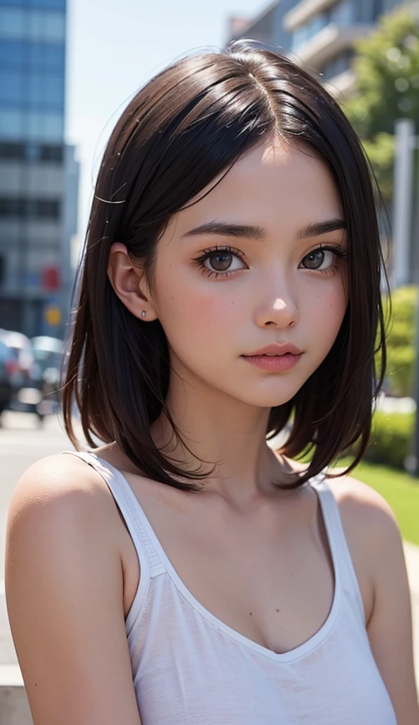 One Girl，(1人のとてもcute女の子:1.3)，masterpiece，Highest quality，High resolution，From below，Low - Angle，Photorealistic，RAW Photos，Ray Tracing，beautiful girl，(:1.3)，cute，Big eyes，(detailed pupils:1.2)，(The face is facing straight ahead:1.3)，Body facing forward，Beautiful nose，High nose，Upturned nose，Fuller lips，Short black hair，ponytail，short hair，Detailed eyelashes，Thin eyebrows，Very fine grain definition，(Symmetrical eyes:1.3)，(Face close-up，Face Focus:1.0)，Small breasts，Short neck，Off the shoulder，Red and white brick building，Western-style building，poplar tree，Soft spring sunlight，Portrait，View Viewer，Upper Body，Cinema Lighting，High resolution，Very detailed