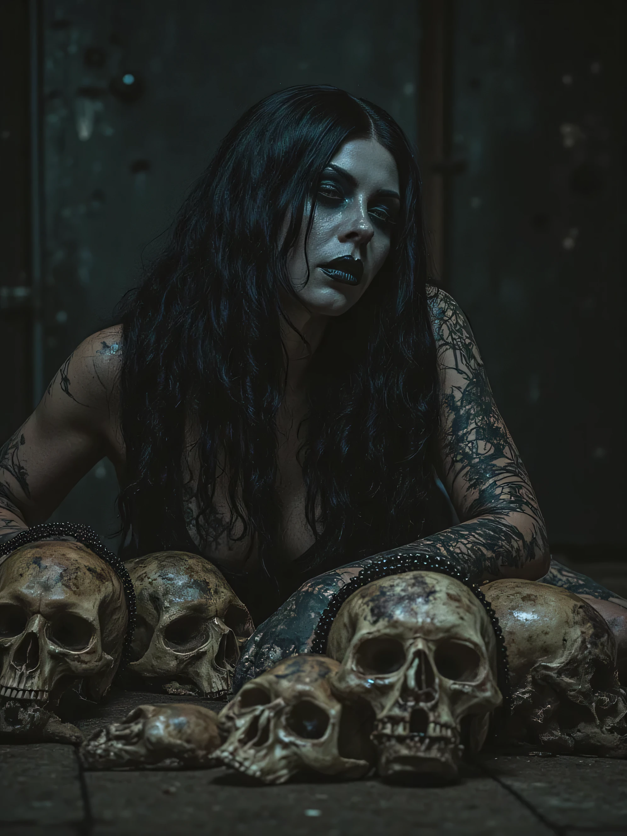 Beautiful black long hair biomechanical woman necromancer priestess with black face paint,half nude metal chain armour,on the floor sleeping with skulls,dark makeup,obscure horror,industrial art,dark ambient art,dark surrealism, dark ambient, realistic dystopia background, machinery background