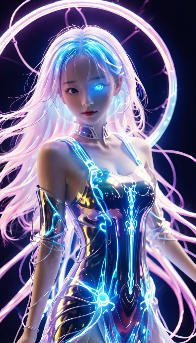 character concept design,1girl,half body,ojou-sama posture,incredibly long hair,light painting,time-lapse photography,Diffuse gradient,vertical random light line,colorful heart,A picture made of glowing lines,Big breasts