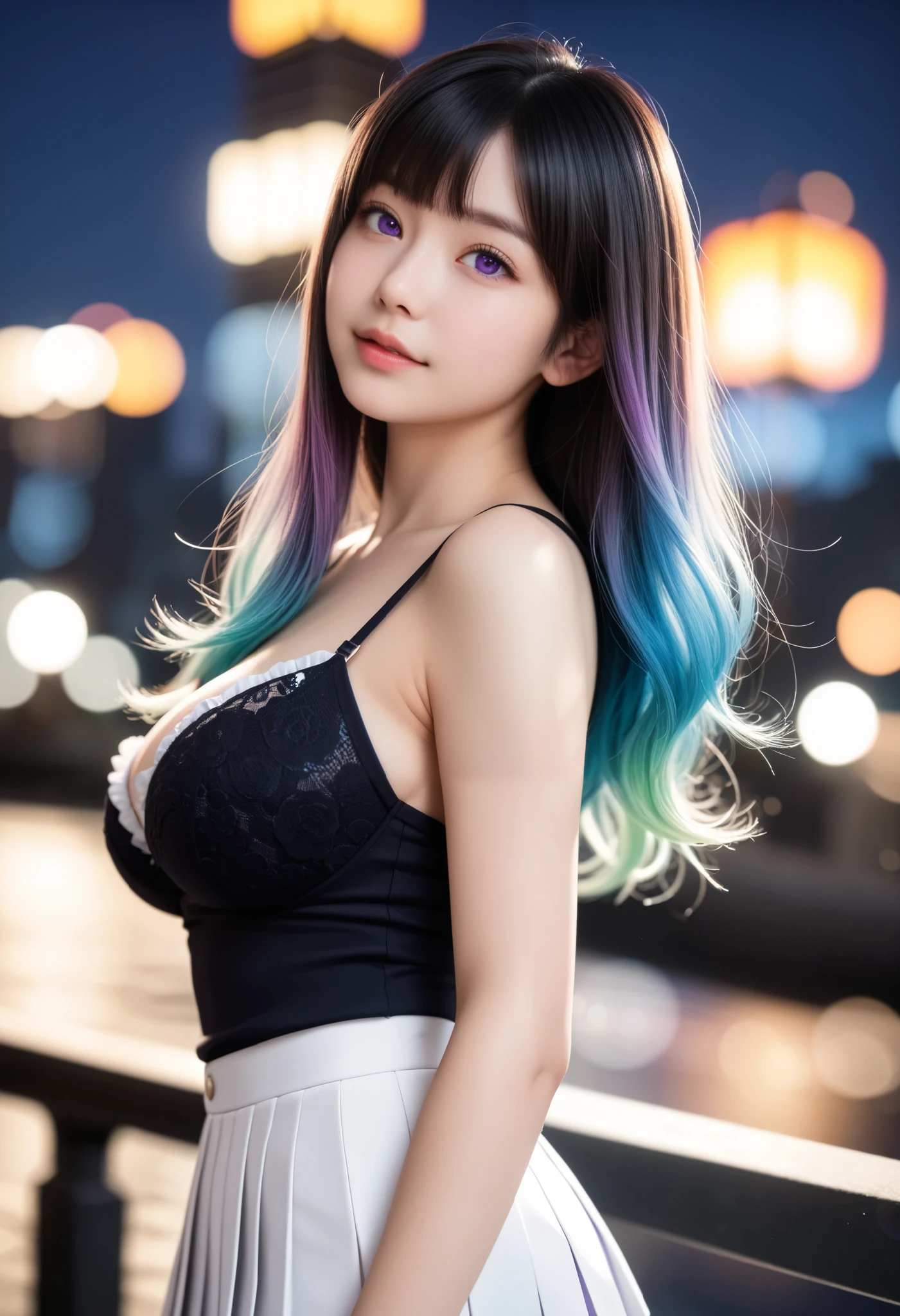 ( Masterpiece, high resolution, 2K resolution, highest quality), cowboy shot, Bokeh, The slightly lower angle , A little from the side, ( 1 girl, perfect anatomy, perfect face), (( gradient hair color +White color:1.4+purple color :1.3), long hair, long layer style ), ( purple eyes , perfect eye), Big Breasts, Black blouse, bra strap, clavicle, white ruffle pleated skirt, smiles, High places, midnight , city lights on background