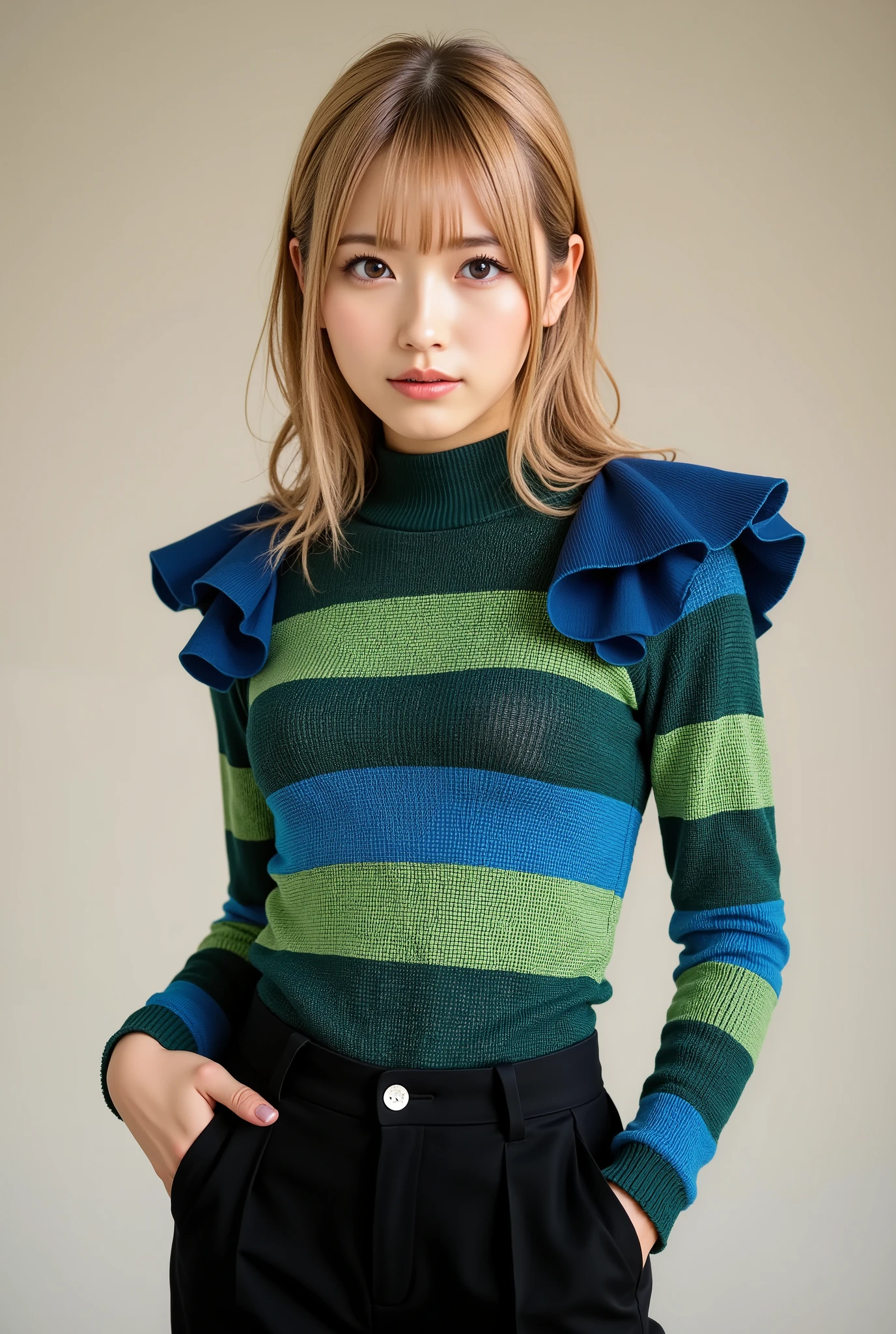 A full-page scan of an old fashion magazine featuring a blonde woman wearing a blue and green knitted top with shoulder pads and black pants, posing in front of the camera in the style of 1960s fashion. --ar 47:64 --v 5.2
