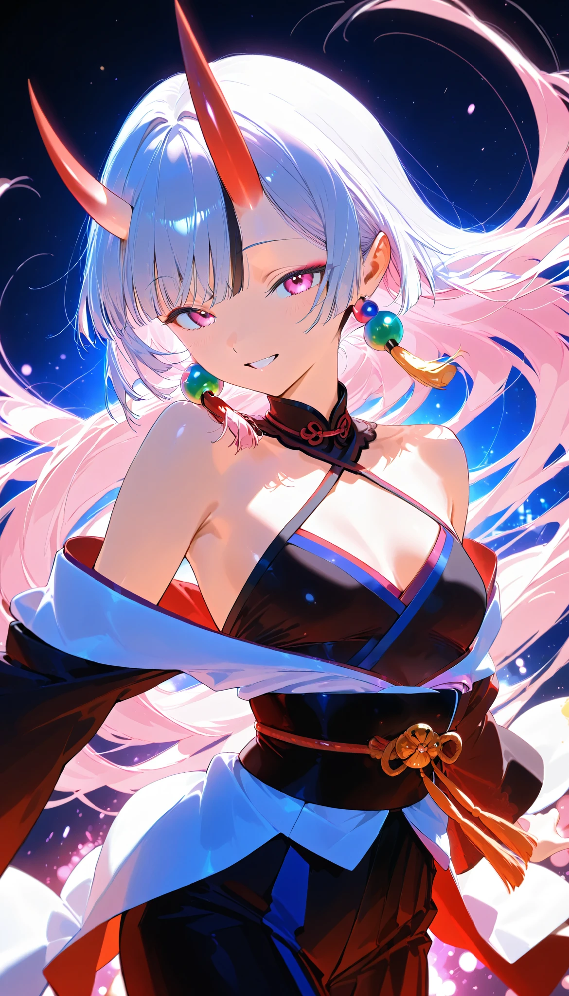 an oriental woman, oni, adult, flat breasts, attack with love at you, powerful kemono, fantastic vivid colored, 