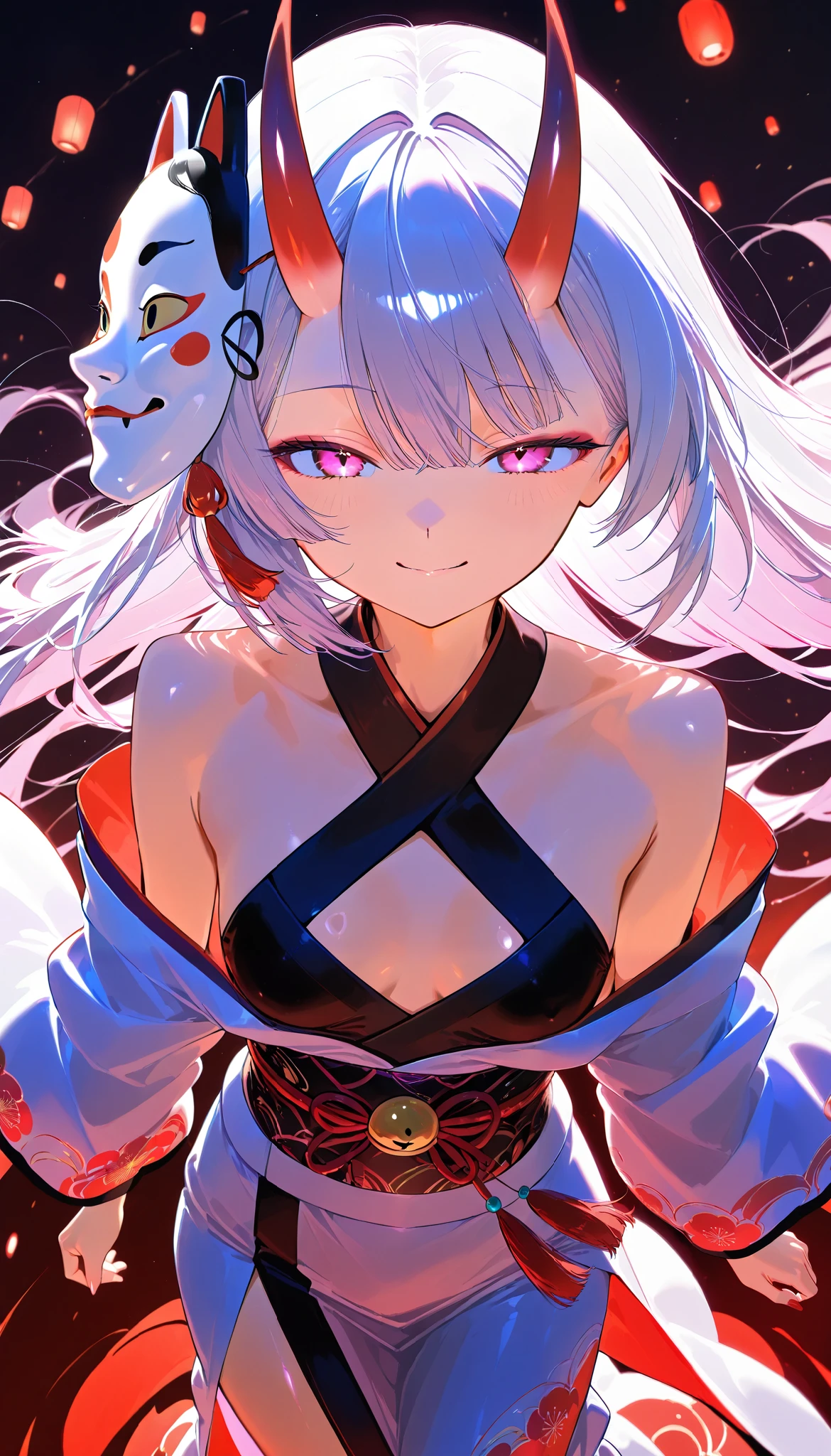 an oriental woman, oni, adult, flat breasts, attack with love at you, powerful kemono, fantastic vivid colored, Japanese demon Noh mask