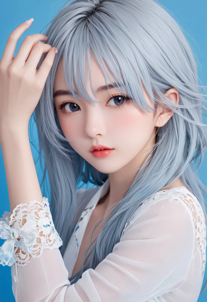 Photos with oriental features、born、Beautiful woman、((Portrait))、((detailedな顔:1.2))、((detailedな顔の特徴))、(debtine skin)、Pale-skinned、High Detail DeepClick Body Comfort Matte Suit、(mega city environment)、(Cold coloroist、Moist、Reflective plate、(masterpiece)(Perfect Proportions)(Photo Real)(highest quality)(detailed)Photographed with Canon EOS R5、 50mm lens, debt/2.8, (At 8k) (wallpaper) (Cinema lighting) (Dramatic lighting) (Sharp focus) (Complex) low fashion、((thin, Transparent white underwear))、((Color Mesh Hair:1.2))、(colorful hair:1.3)、(Bright Blue Eyes)、Tabletop、8k、Woven mesh、