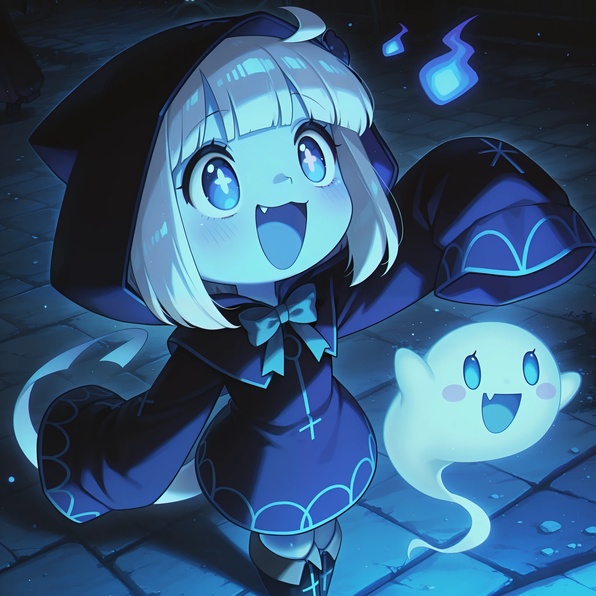 masterpiece, best quality, amazing quality, very aesthetic, high resolution, ultra-detailed, absurdres, newest, Anime screencap, highly detailed, high quality, hyper-Detailed, mistico_IL. BREAK. hood, 1girl, ghost, solo, ghost tail, sleeves past wrists, sleeves past fingers, blue skin, smile, hood up, colored skin, bow, long sleeves, open mouth, fang, bowtie, full body
