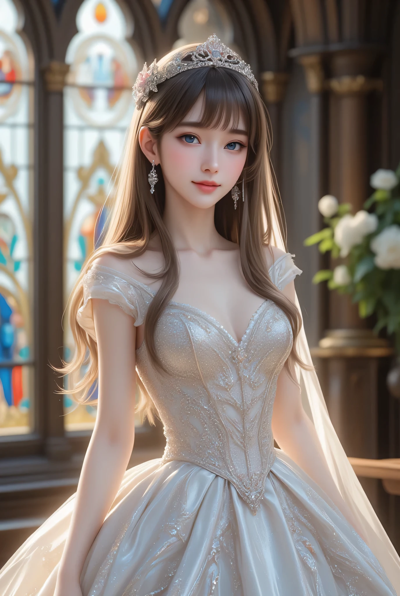 masterpiece, (full body shot including dress skirt:1.3),(super cute young face:1.3),(japanese idol face:1.3),very beautiful cute girl,(:1.2),(thirteen uisite smooth and silky long brown straight hair,fair skin,(happy cheerful smile),professional photograph,
(ball gown wedding dress :1),(super shiny white holographic costume :1.3),beautiful bride,beautiful dress skirt,
very narrow waist,(very beautiful costume :1.3),church stained glass window