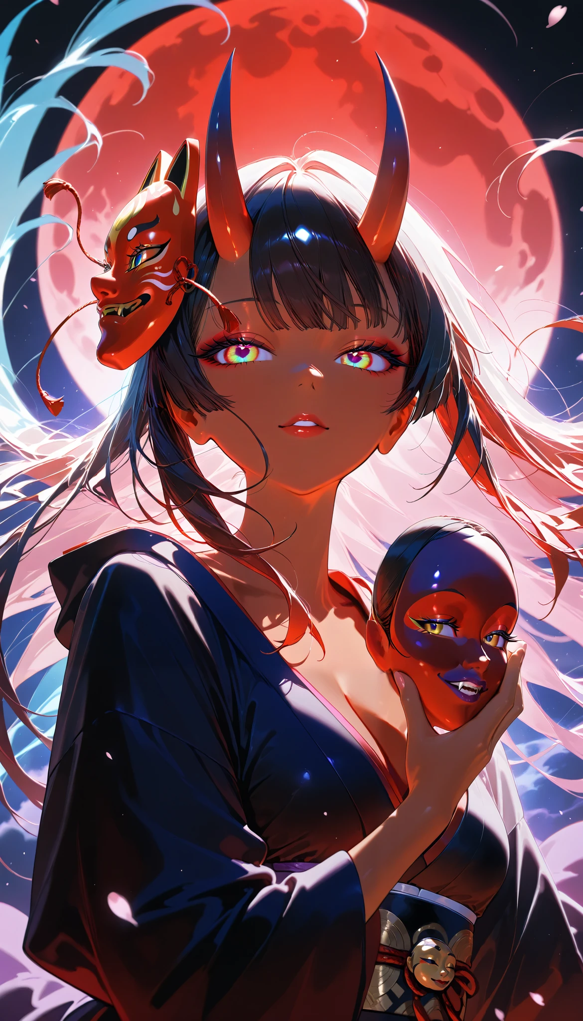 A powerful oni woman, beautiful detailed eyes, beautiful detailed lips, extremely detailed eyes and face, long eyelashes, dark skin tone, Japanese demon Noh mask, flowing robes, attacking with love, fantasy creature, vivid colorful, matte, dark tone, high quality, 8k, detailed, intricate, photorealistic, digital art