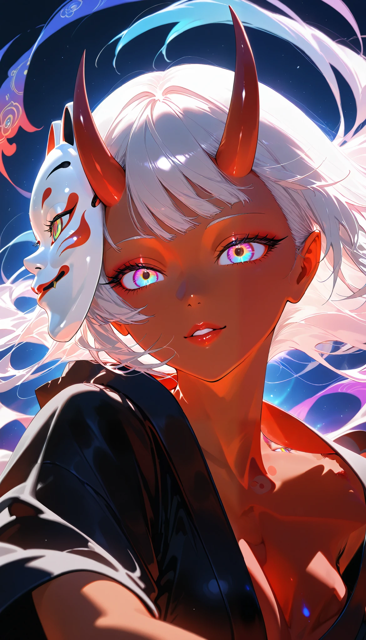 A powerful oni woman, beautiful detailed eyes, beautiful detailed lips, extremely detailed eyes and face, long eyelashes, dark skin tone, Japanese demon Noh mask, flowing robes, attacking with love, fantasy creature, vivid colorful, matte, dark tone, high quality, 8k, detailed, intricate, photorealistic, digital art