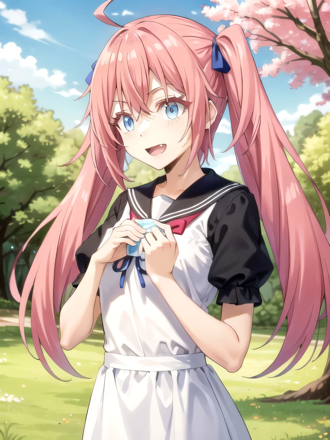 A stunningly beautiful 20-year-old woman stands in a lush green park full of cherry blossoms in full bloom under a clear blue sky. She is wearing a classic sailor uniform and holds a neatly wrapped gift box with a red ribbon in both hands in front of her chest. The box is small, wrapped in decorative paper, and tied with a bow. She looks very happy, with a radiant and joyful expression.A stunningly beautiful 20-year-old woman stands in a lush green park full of cherry blossoms in full bloom under a clear blue sky. She is wearing a classic sailor uniform and holds a neatly wrapped gift box with a red ribbon in both hands in front of her chest. The box is small, wrapped in decorative paper, and tied with a bow. She looks very happy, with a radiant and joyful expression. Blue eyes, pink hair, ahoge, long hair, pigtails.