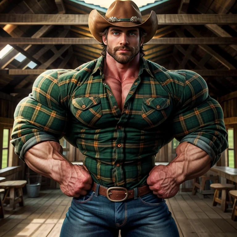 A cowboy, A man, Lonely man, Tremendously huge and mega beefy cowboy Beefcake, Red hair, green eyes, huge thick thighs, colossal meaty butt, blue jeans, body hair, hairy chest, straw cowboy hat, huge muscular chest, protruding pectorals, unrealistically oversized pecs, leaning on a short fence.