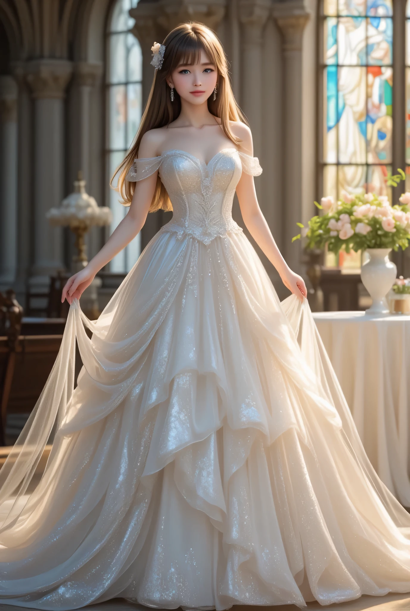 masterpiece, (full body shot including dress skirt:1.3),(super cute young face:1.3),(japanese idol face:1.3),very beautiful cute girl,(:1.2),(thirteen uisite smooth and silky long brown straight hair,fair skin,(happy cheerful smile),professional photograph,
(ball gown wedding dress :1),(super shiny white holographic costume :1.3),beautiful bride,beautiful dress skirt,
very narrow waist,(very beautiful costume :1.3),church stained glass window