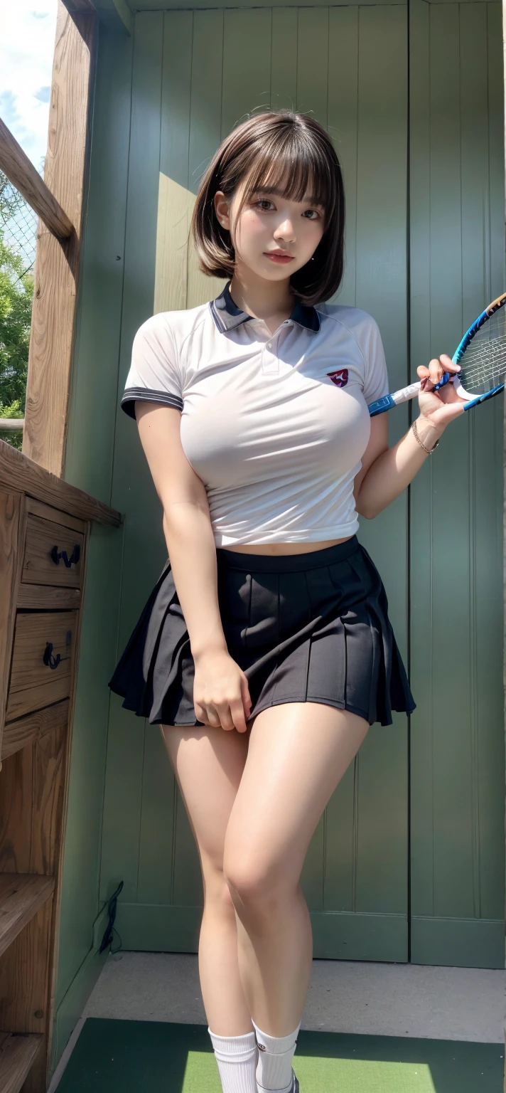 Neat and clean high school girl、(school uniform、Sailor suit、Ribbon tied on chest、Summer clothes、The upper body is white、The skirt is navy blue)、Outside the stadium、(slim)、Realistic、detailed, Skin Texture, 超detailed、Delicate and sexy collarbone、A sloppy smile、スーバーdetailedな顔、detailed唇、detailedな目、Small breasts、Small breasts、、Small breasts、Flat Chest、Accentuate your breasts、Bright Face、((Are standing、White panties are visible under her skirt、Lift the hem of your skirt slightly with both hands..,,))((Naked and wearing only a white apron、Naked sexy white apron))、Short hair with bangs、Straight Bob Hair、、Top view、、(((Dark sunburn、Tanned brown skin、Black skin color)))、(Dark brown skin:2.5)