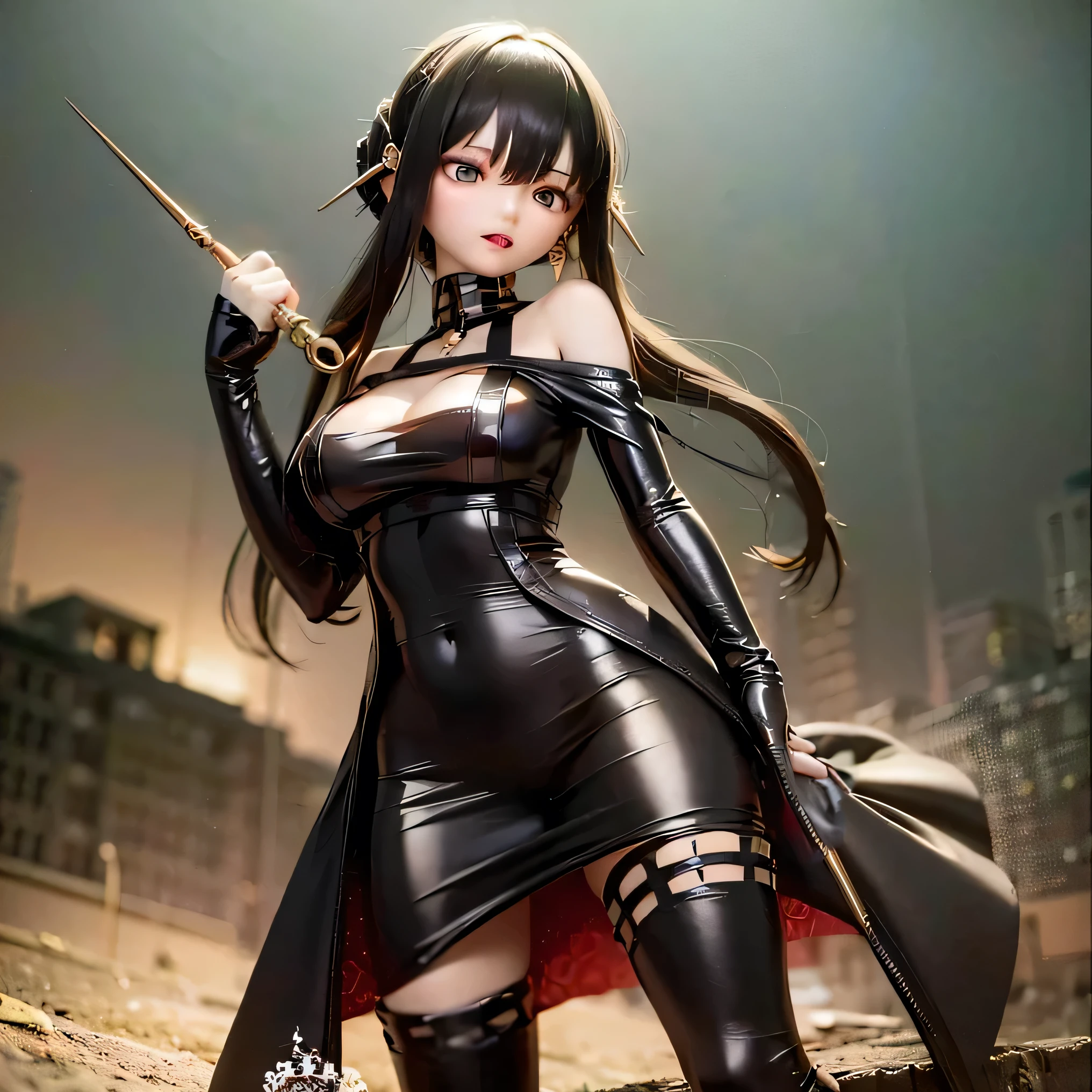 (highest quality,4K,High resolution,masterpiece:1.2),Very detailed,Realistic,Long black hair,Beautiful details,Beautiful lip detail,Wielding a weapon,long flowing hair,Serious expression,Dark atmosphere,Sharp focus,Detailed Weapons,Studio Lighting,Vibrant colors,Physically based rendering of a long black dress