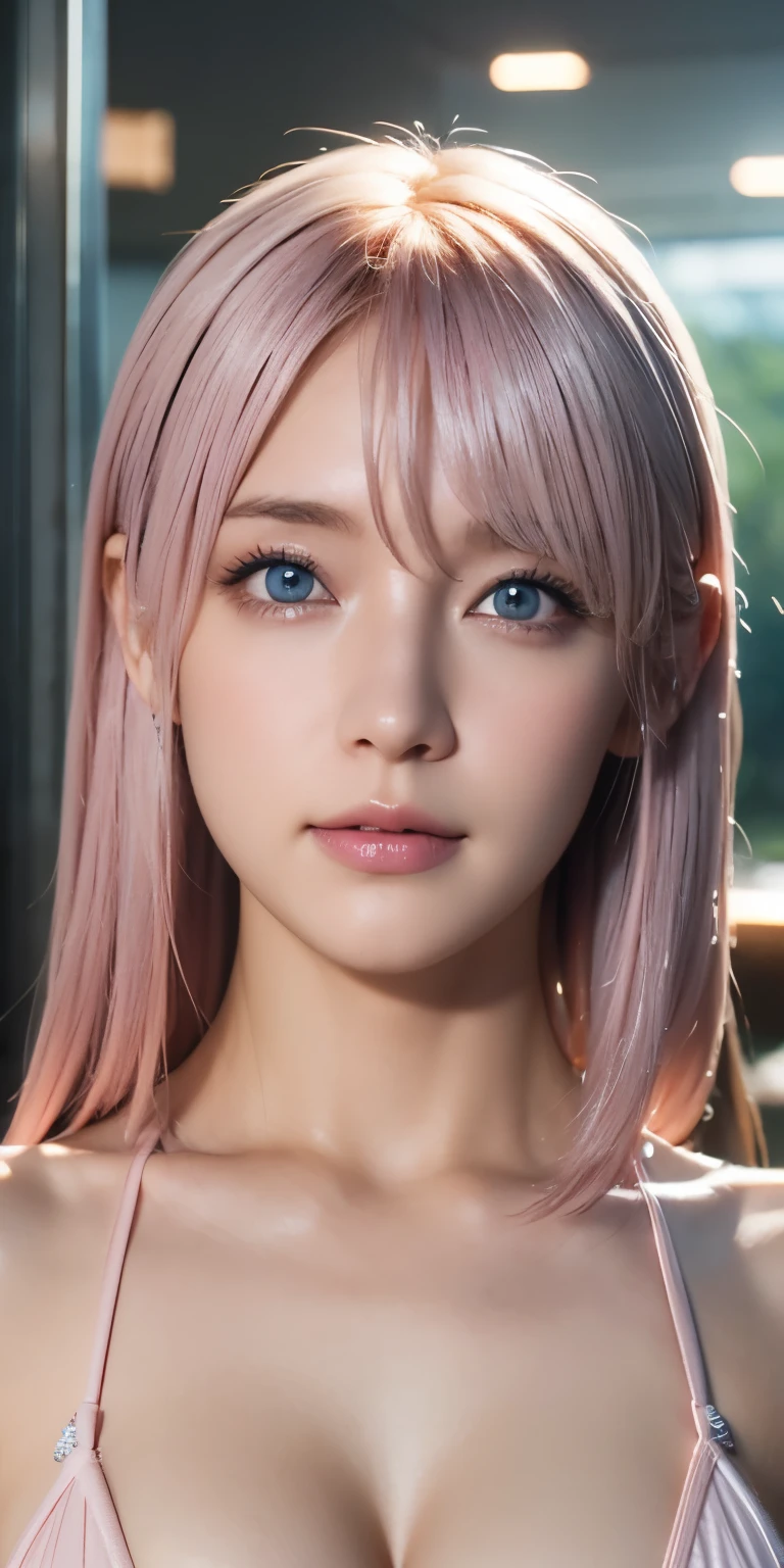 portrait , Practical, blue eyes, pink platinum hair, big breasts, 4K resolution , High Quality CG, Beautiful CG, Soft Light , micro bikini
