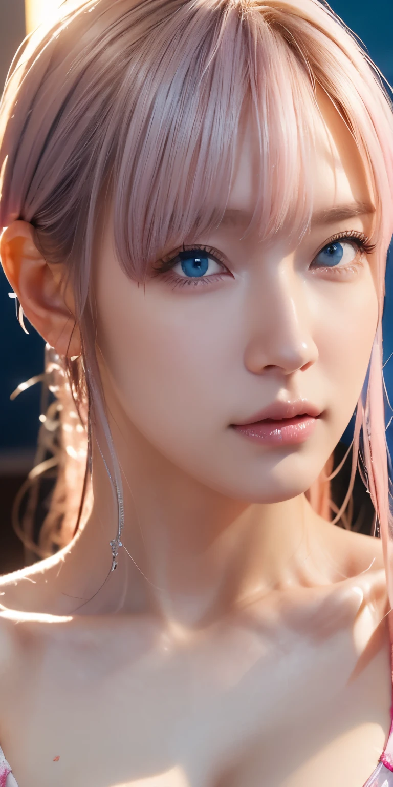 portrait , Practical, blue eyes, pink platinum hair, big breasts, 4K resolution , High Quality CG, Beautiful CG, Soft Light , micro bikini