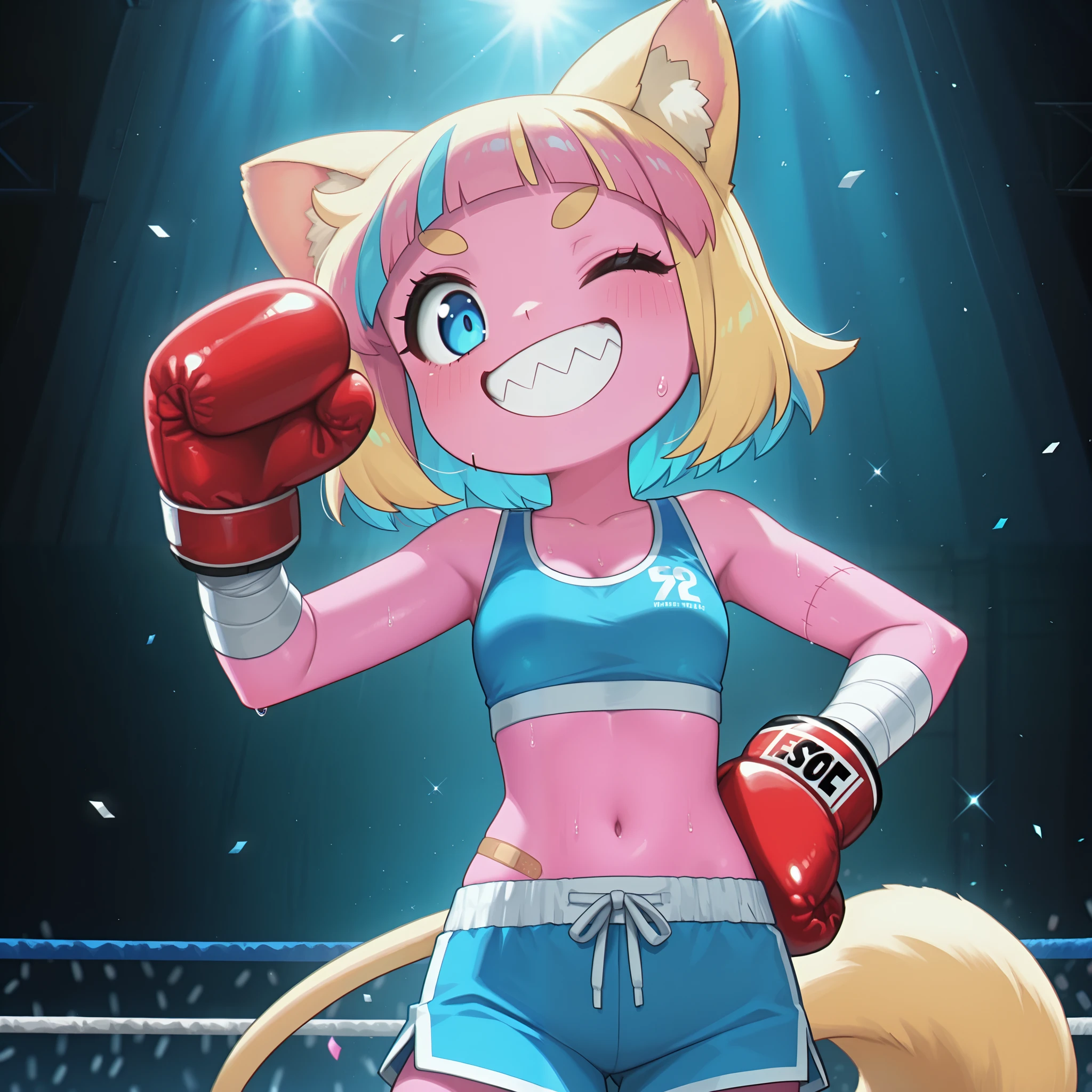masterpiece, best quality, amazing quality, very aesthetic, high resolution, ultra-detailed, absurdres, newest, Anime screencap, highly detailed, high quality, hyper-Detailed, mistico_IL. BREAK. 1girl, solo, boxing gloves, bandages, one eye closed, sharp teeth, shorts, blue eyes, teeth, smile, multicolored hair, colored skin, blue shorts, animal ears, stitches, short hair, looking at viewer, sports bra, blue sports bra, pink hair, navel, grin, cowboy shot, blue hair, hand on own hip, blonde hair, tail, bandaged arm, pink skin, bandaid, midriff, crop top