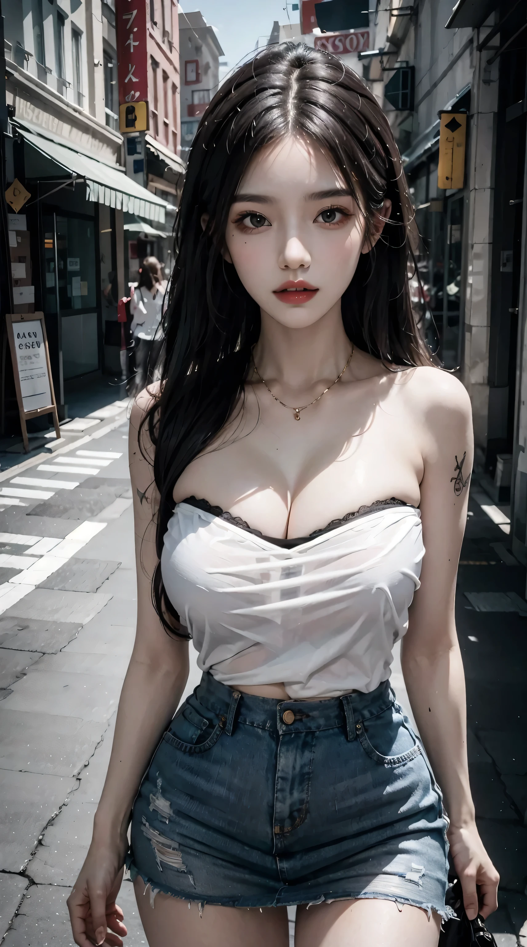 (maximum quality, 8K, work of art: 1.3)), neckleace,focusing: 1.2, Perfect Body Beauty: 1.4, hindquarters: 1.2, ((layered haircuts, breastsout: 1.2)), (wetclothes: 1.1), (Raby, Street: 1.3), black short skirt, Highly detailed texture of face and skin, narrowed eyes, Double eyelids, Skin whitening, long hair, (get away: 1.3), perplexed
