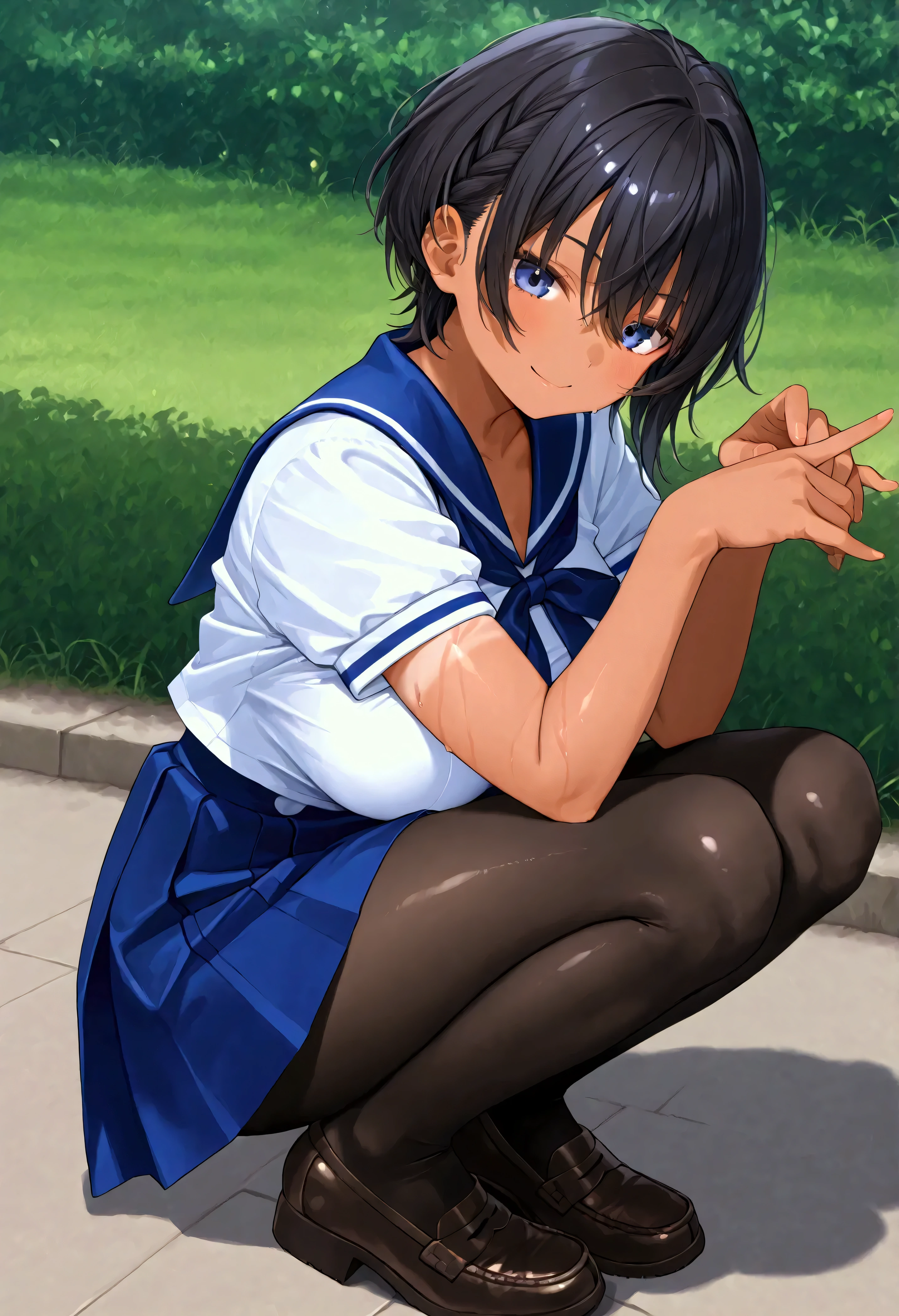 Outdoors、 pose 、 girl{ black hair、 short hair(Long furrows 、The neckline is quite long)、 big breasts、Sunburn、Dark Skin、A smile that is planning something、 sailor suit、Summer clothes、 that holds the knee and rolls、 black pantyhose、 loafers、}、