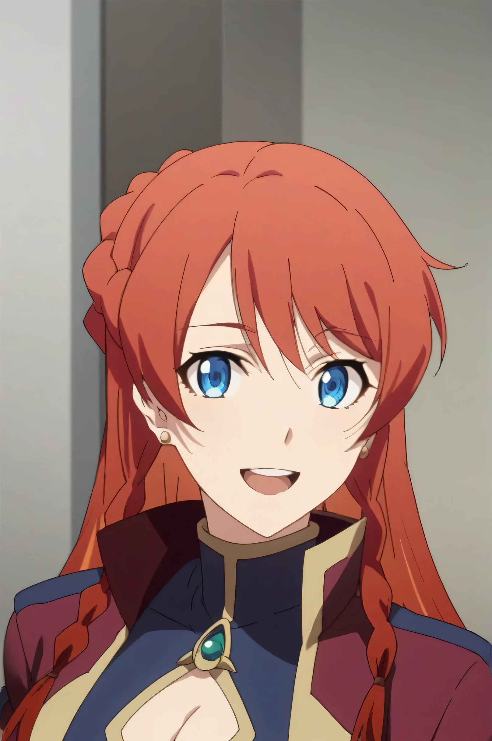 score_9, score_8_up, score_7_up, score_6_up, score_5_up, source_anime, rating_safe, medium breasts, indoors, 1girl, solo, looking at viewer, selesia upitiria, orange hair, long hair, twin braids, hair bun, blue eyes, earrings, jacket, cropped jacket, open jacket, short sleeves, black gloves, blue dress, brooch, cleavage, cleavage cutout, clothing cutout, red skirt, black thighhighs, brown footwear, knee boots, (upper body:1.2), smile, open mouth