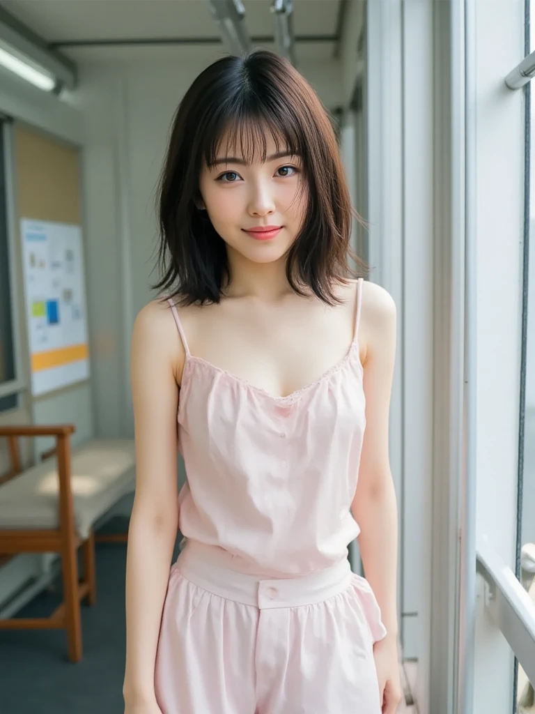 One girl, Shoulder-length short hair,Black Hair,smile, summer,room,Sitting on a chair,Double,Innocence,5th grade elementary school,Look here,Pink Tank Top,transparent, (masterpiece, Highest quality), Soft Light, Structure of the film, Like a movie