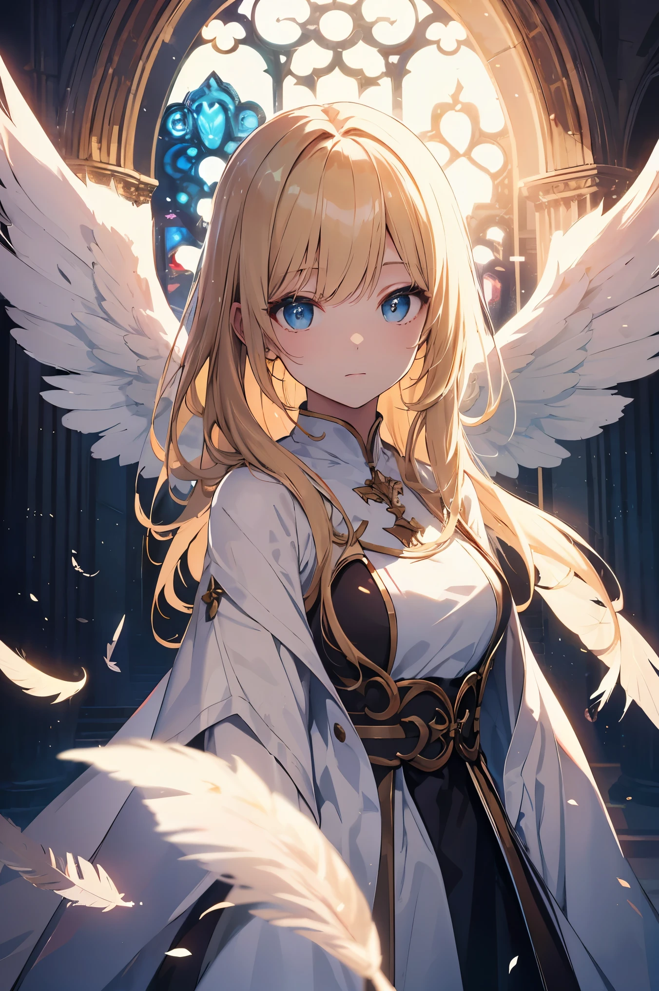 gorgeous adult woman, blonde hair, bangs, perfect eyes, soft light, high quality, 4k resolution, ((angel)), An angel with wings on his back, an angel descending from the sky, feathers scattered in the background, light shining from above, at Cathedral