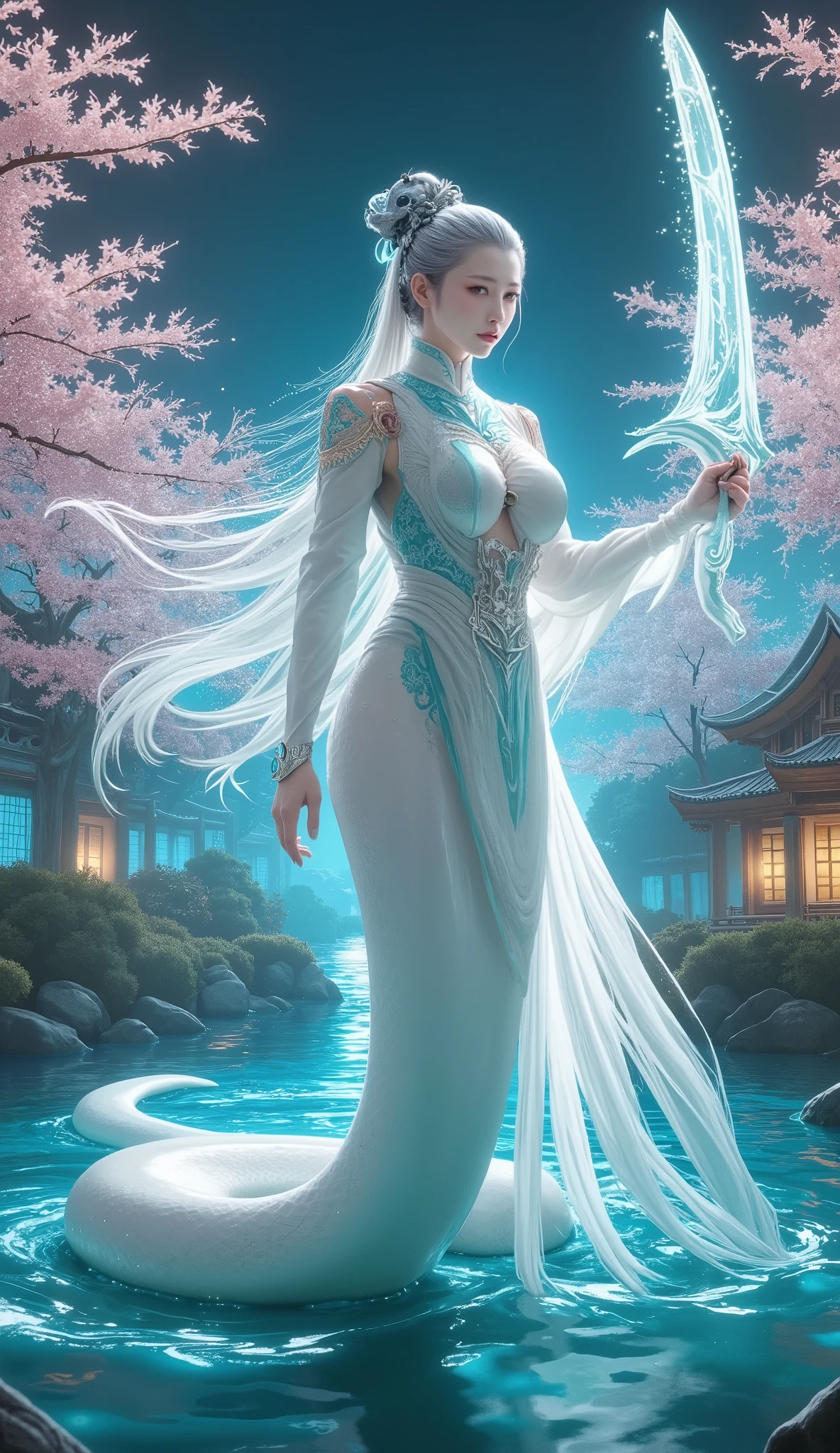A cyberpunk interpretation of Bai She, the legendary white snake from Chinese folklore, depicted as a fierce and anthropomorphic snake warrior during the dramatic scene of “Water Floods Jinshan” (Suiman Kanayama). Her form retains distinct serpentine features, including elongated limbs, a sleek, sinuous body, and a tail that gracefully extends behind her.Bai She’s scales shimmer in iridescent white hues, reflecting the light like moonlit water, while her eyes glow with an intense, captivating gaze, revealing both wisdom and determination. Her long hair flows like water, interwoven with glowing strands that mimic the movement of waves, enhancing her mystical presence.In her hands, she wields a massive sword, its blade radiating brilliant aqua-blue energy, symbolizing her mastery over water. The sword sends out powerful sonic waves that create spirals of light, distorting the air around her as she prepares to strike.Her attire combines traditional Chinese elements with a futuristic design, featuring flowing fabrics that resemble rippling water and intricate patterns of waves and clouds. The clothing clings to her form, allowing for swift and agile movements, while her snake-like tail adds to her grace and power.The backdrop showcases the iconic Jinshan Temple, partially submerged in vibrant, luminescent waters that reflect the chaos of the flood. Ethereal cherry blossom trees, their petals glowing softly, frame the scene, creating a beautiful contrast against the tumultuous environment.The atmosphere is charged with magical energy, filled with digital effects illustrating the power of Bai She’s attack as the water surges around her. Ripples and waves radiate outward, enhancing the sense of movement and urgency. This scene beautifully captures the essence of the legendary tale, emphasizing Bai She’s unique serpent qualities while showcasing her strength, beauty, and mystical allure as she harnesses the power of water in this captivating cyberpunk realm.
