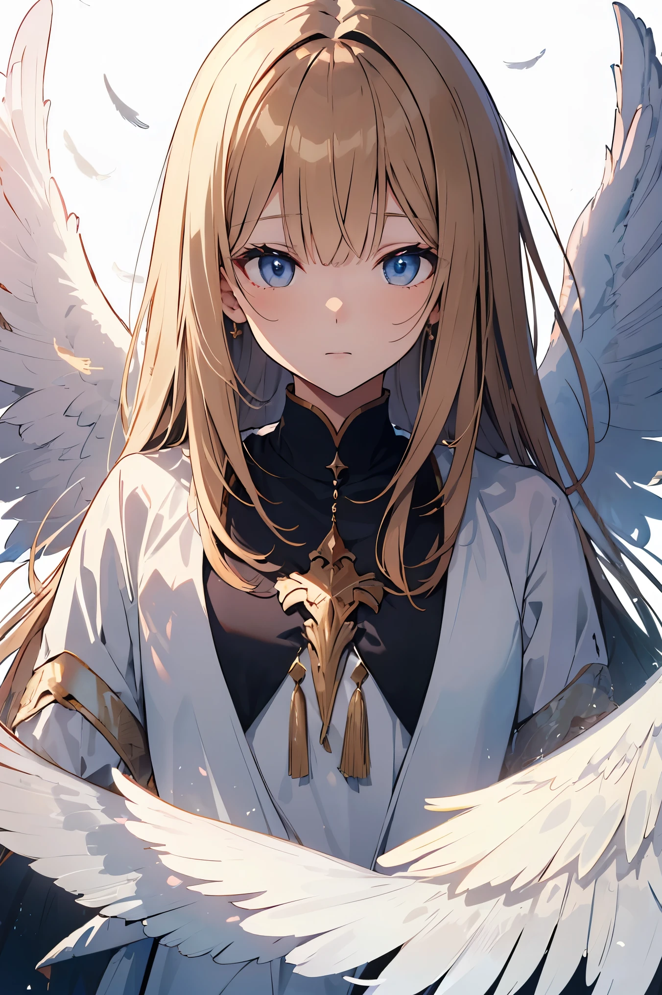 gorgeous adult woman, blonde hair, bangs, perfect eyes, soft light, high quality, 4k resolution, ((angel)), An angel with wings on his back, an angel descending from the sky, feathers scattered in the background, light shining from above, at Cathedral