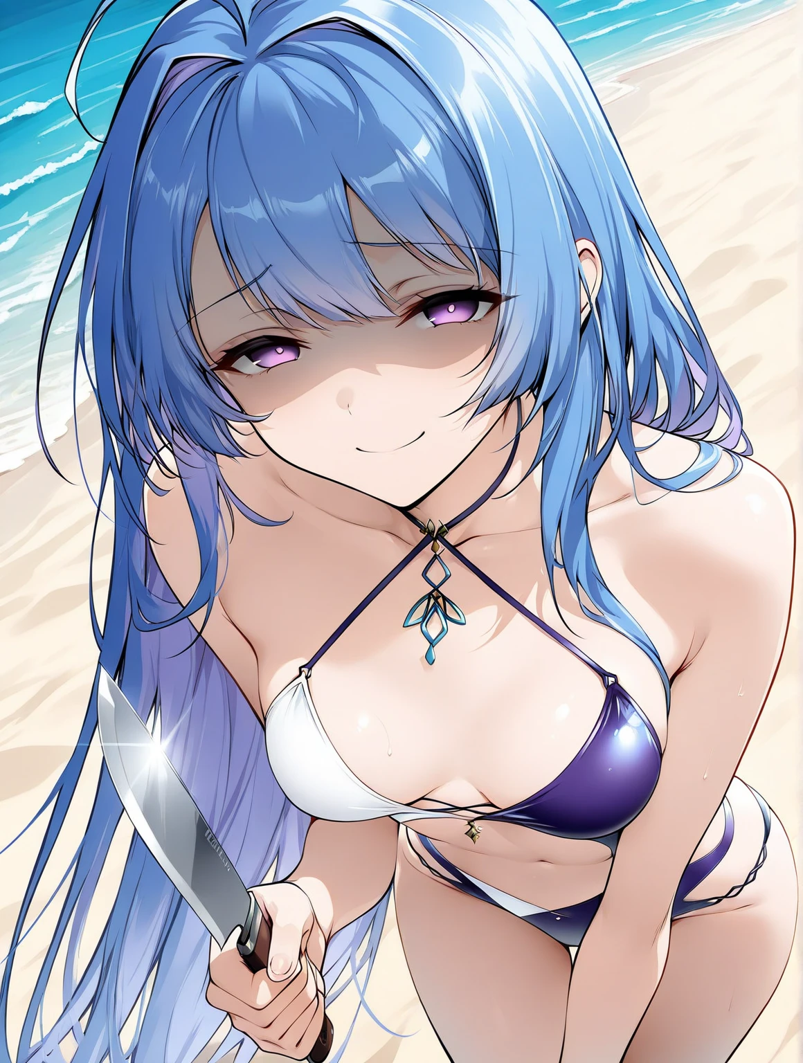 (houjou raita, mahou shoujo /(raita/)), 1girl, solo, 10yo, official art, gyaru, blue hair, hair over one eye, small breast, shiny skin, groin, bikini, open shirt, side tie, necklace, bracelet, standing, contrapposto, head tilt, smile, naughty, mesugaki, blush, vulgarity, white background, simple background, peace sign, netorare, nsfw