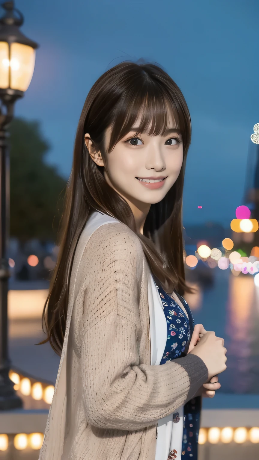 1 girl, solo, dress,cardigan long hair, bangs, ((highlight brown hair)),後ろで髪の毛を束ねる,
chest, smiles, Aperture F2.8, 8k octane , 3D rendering , night view, Disney