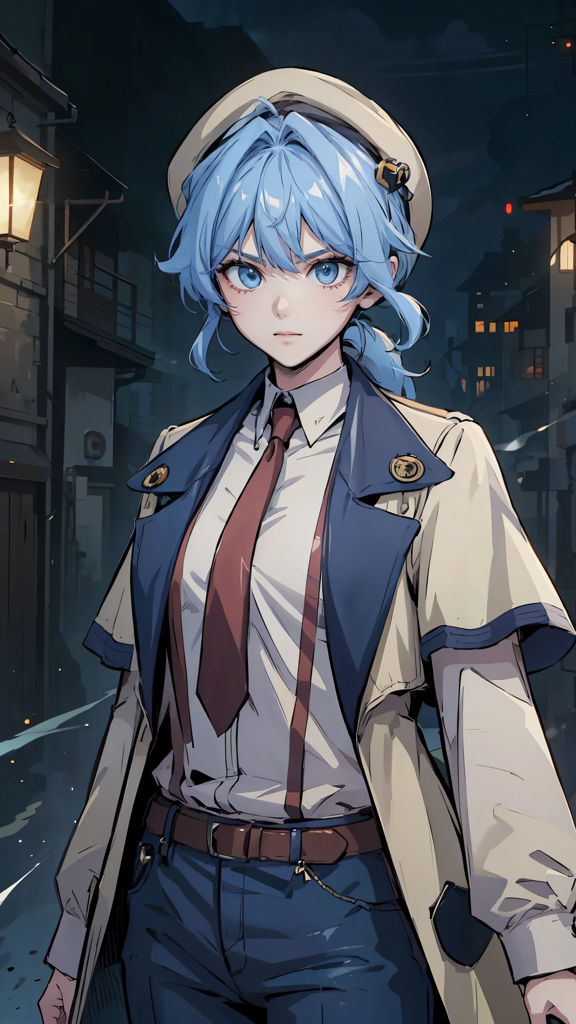 a half length portrait of a person wearing a hat and a red tie,(2 d anime style),(tall anime girl with blue eyes), female protagonist 👀 :8, nagito komaeda, anime character, 2 d anime, from girls frontline, ((Manhwa artstyle)), best anime 4k konachan wallpaper, female anime character, girls frontline style, trigger anime artstyle, detective costume, blue jeans, (cream trench coat), sherlock holmes female cosplay, white beret, blue hair, 17th century steampunk street night, anime hairstyle, ((loose clothes)), dark rainy background, street light, CaseySelmoy, 1girl, short hair, blue eyes, blonde hair, shirt, hat, light blue hair, jacket, white shirt, necktie, collared shirt, (blue baggy pants), coat, low ponytail, Her hairstyle can be described as "ponytail with bangs". (The hair is parted in the middle, with loose, slightly wavy ponytail tied low, and "soft messy bangs" covering part of her forehead), (Her bangs can be described as soft, wispy, and slightly layered curtain bangs). They are parted slightly in the middle, allowing some strands to fall gently across her forehead while framing her face. The bangs have a slightly uneven cut, with some strands extending longer towards the sides, blending naturally into the rest of her hairstyle, (tall slim adult body), (soft cute smile)