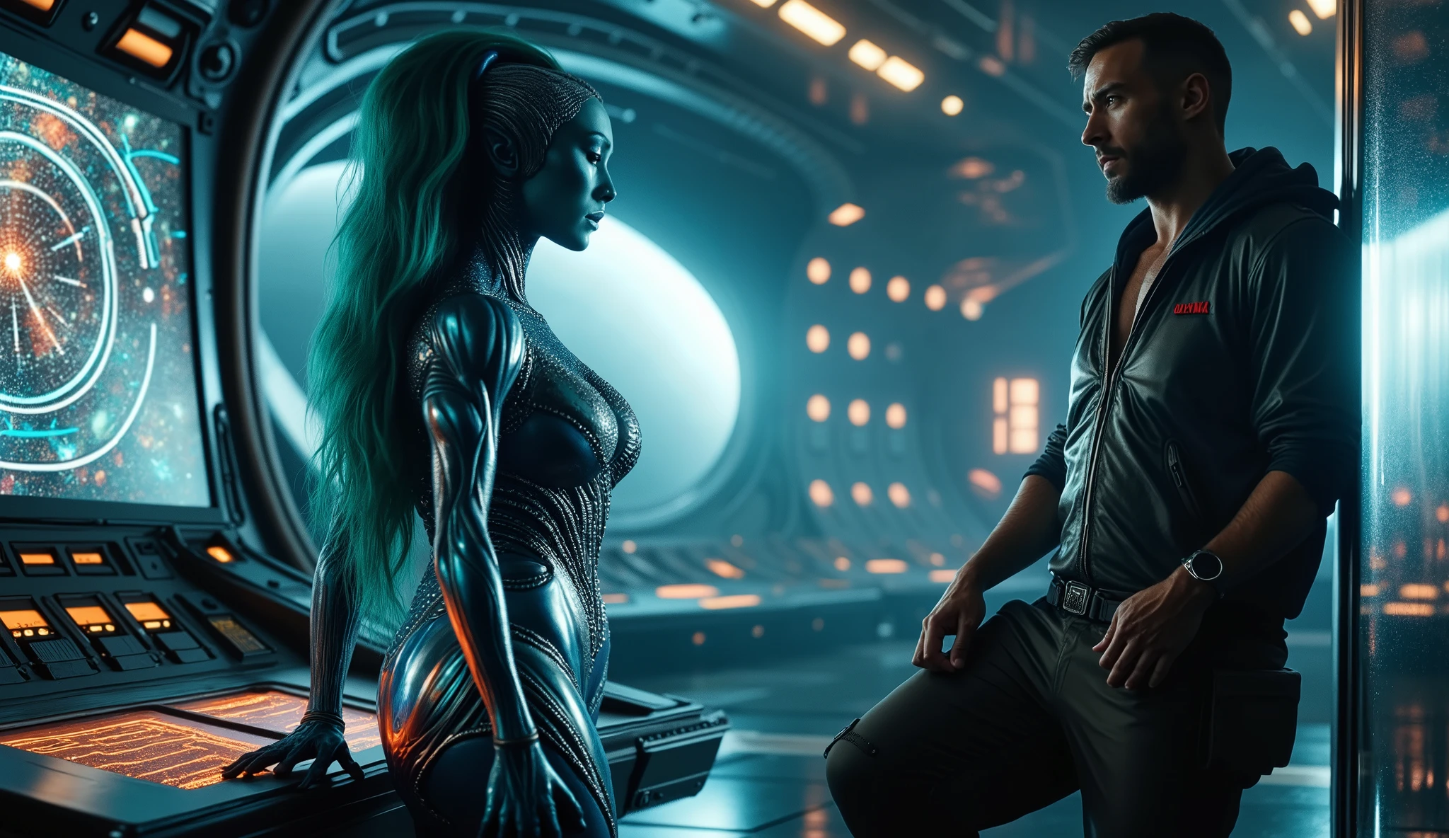 a, 8K cinematic image showing a curvy woman , beautiful woman with blue skin and elegantly pointed ears , standing slightly taller than a human . your silk , her flowing teal hair shines in dim light , cascading down the back . Her impressive physique is by an elegant , fitted body with metallic and leather textures , highlighting her plump breasts and athletic build . She is leaning against a control console on the spaceship , her body language exudes confidence and vulnerability as she thoughtfully looks at the human man in front of her.
The male character , a strong, sturdy man in his 40s , casually leans against a nearby wall . Her simple utility suit , consisting of a jacket and used pants , reflects his practical nature . Her expression is calm , with a touch of admiration as he watches her .
The background is set in the ship's control room spatial , with holographic displays and a starry expanse visible through a large window . Cinematic lighting emphasizes the depth and texture of her surroundings and its striking contrast .