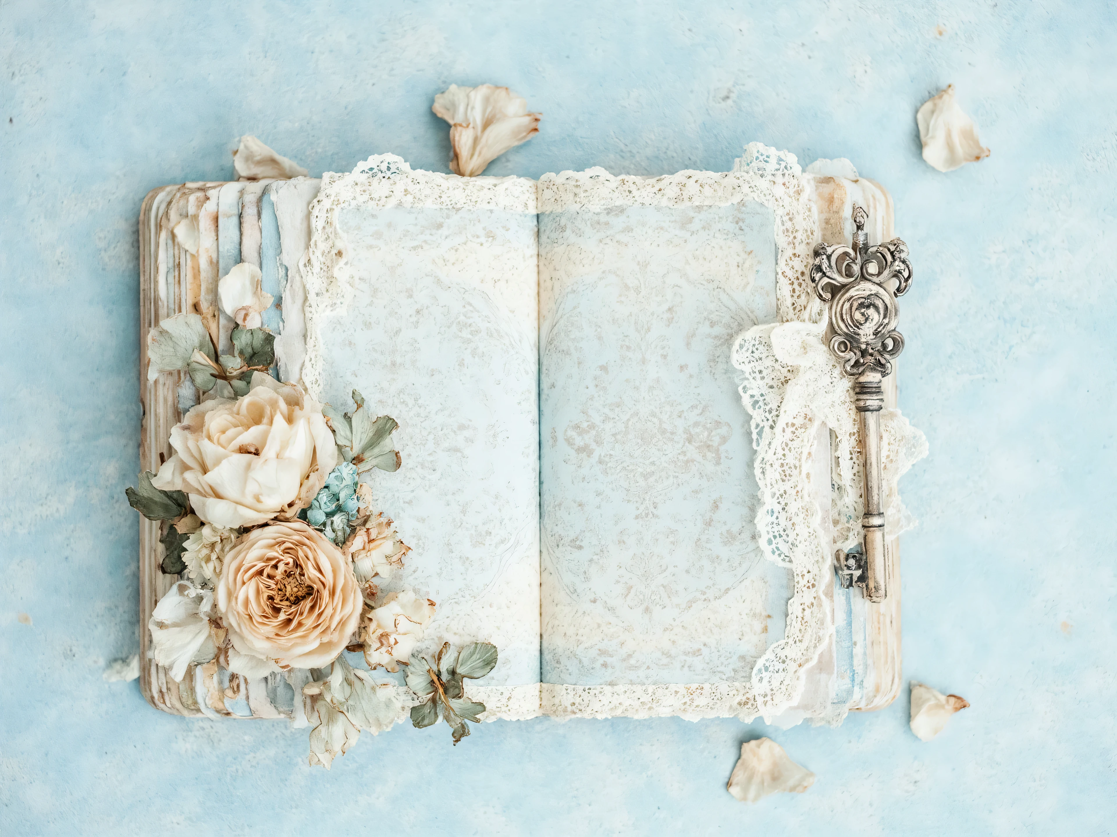 junk journal pages Lace decoration dried flowers of large pale roses Damask pattern antique key Light blue