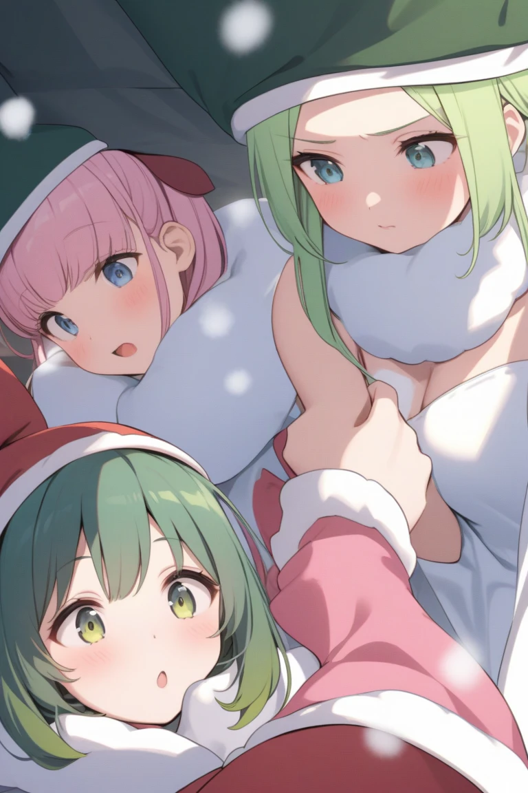1 girl, cute, young, green hair, bob haircut, green eyes, santa clothes, thigh boots, excessive cum, bukkake,