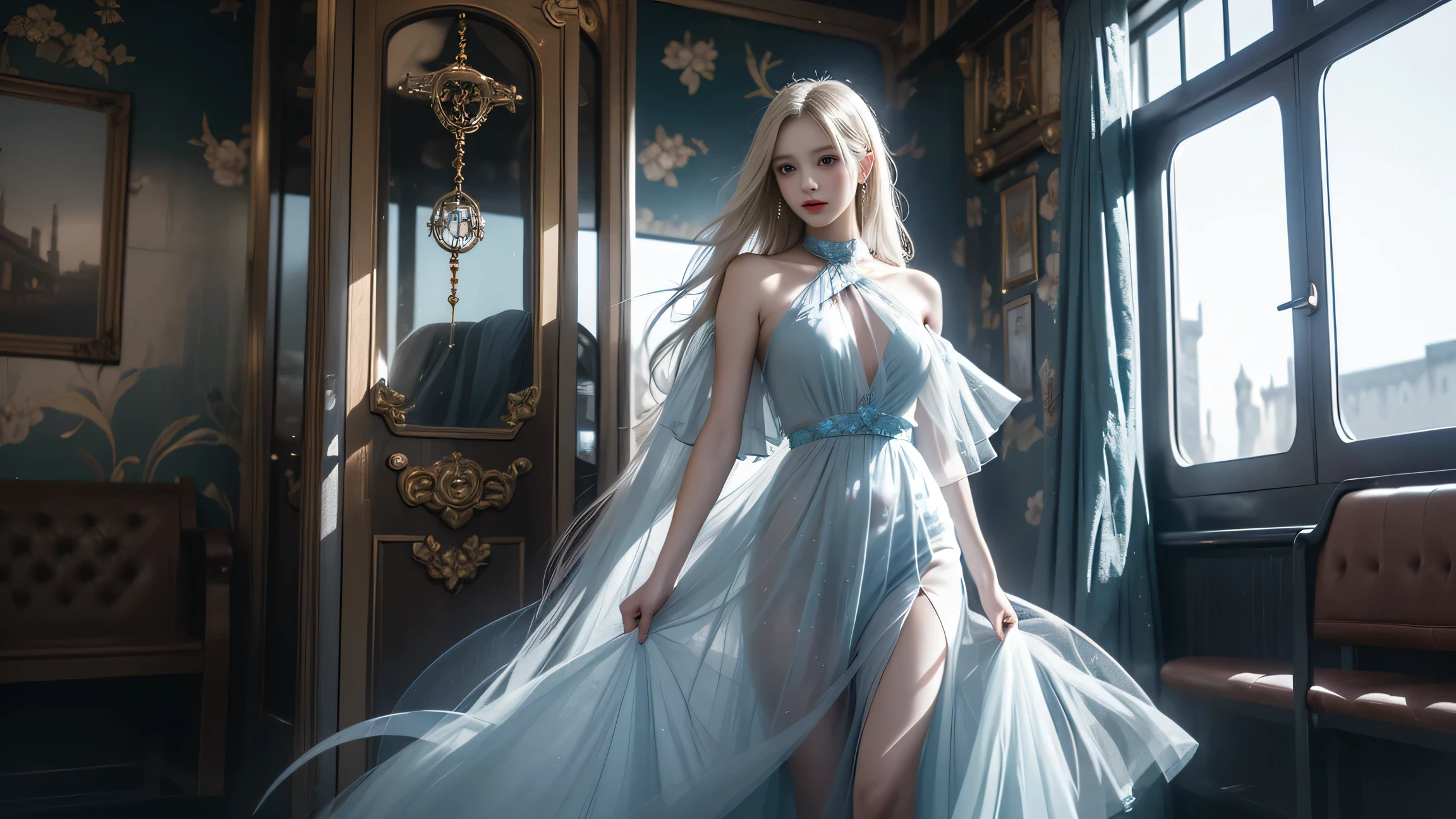 Short sleeve,Off-shoulder, skirt, White hair ,Beautiful dance dynamics , Long legs , Calf((Long white hair,Flowing long hair))Official Art , Unity8k Wallpaper , Extremely detailed , Pretty and beautiful , Sexy long legs, masterpiece , best quality ,Practical, Very detailed illustrations ,Extremely detailed , Intricate details , Extremely complex and detailed , Very detailed 8KCG wallpaper , Caustics .reflection , Ray Tracing , Devil Theme ,nebula ,Dark aura, Network Effects , (1 Girl)Solitary , 小蓝Butterfly , Dozens of monarch butterflies around , (Blue plasma flame , (insect , Butterfly)) 圣光Butterfly天使 , Butterfly翅膀 , Pastel tones in Rococo style ,Light white and light dark red , Incredibly beautiful , Cherry blossoms , Surrealism ,painting , Ethereal , Mixing reality and fantasy elements ,Ray Tracing , Complex patterns , Delicate lines , Perfect your hands, Starry Sky , rich and colorful , Star