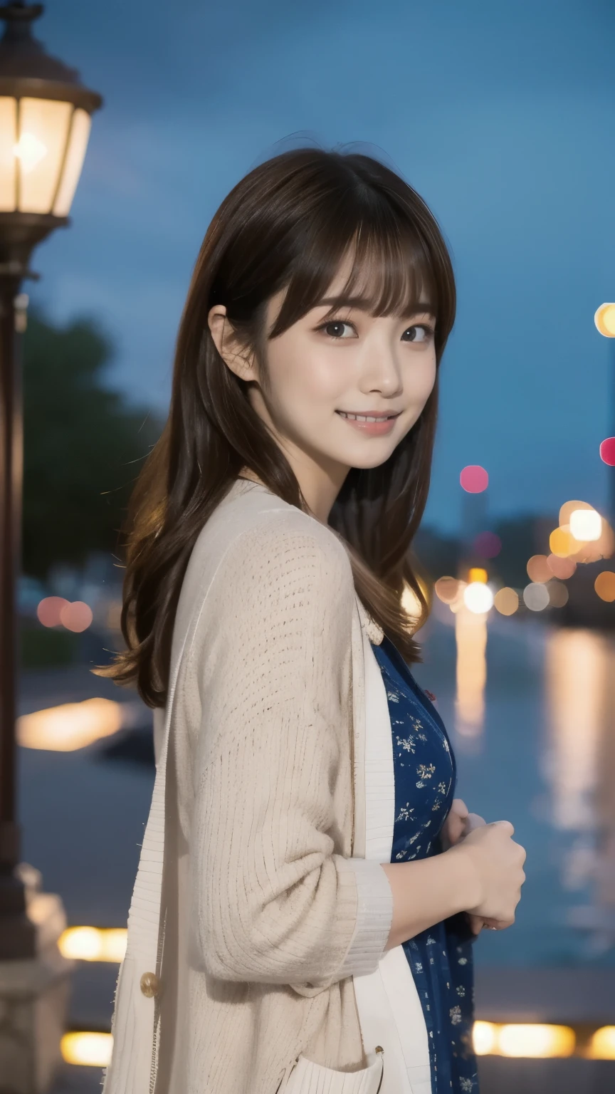  1 girl, solo, dress，cardigan long hair, bangs, ((highlight brown hair))，後ろで髪の毛を束ねる，
chest,  smiles, Aperture F2.8,  8k octane ,  3D rendering ,  night view， Disney 、手を差し伸べる