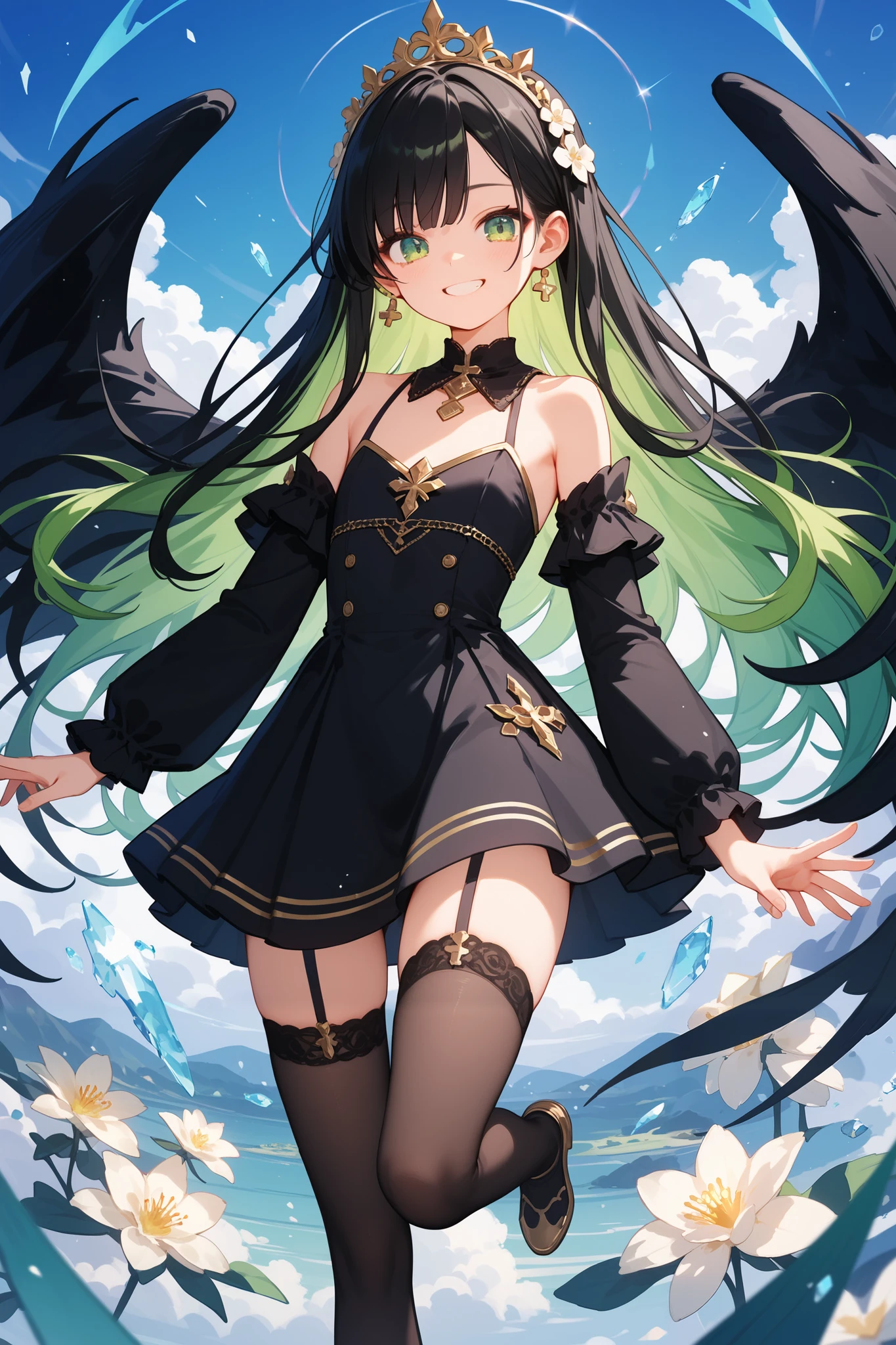  masterpiece, 2catgirl, cat ears, ((Black long hair with green reflexes)) , oversaturated green eyes, intricate cool dress. Bare shoulders, crop top, sexy Shorts. Portrait. Medium breast. Super detailed. Perfect anime green eyes, bare shoulders.
She's on the edge of a volcano. Fire. Fanservice censured pose. She's smiling , she's Smart . White fox tail.perfect hands