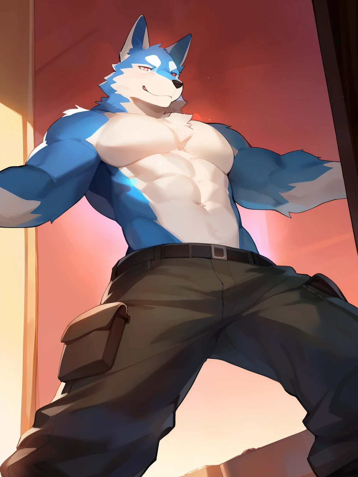 by zixiong, (1boy), solo, male, kemono, (blue wolf), white coutershading, (naked), handsome, muscular, adult, hunk, hot body, (detailed black eyes), detailed face, white eyebrows, (1 detailed big hard white penis erection), balls, thick body, nipples, full body, pectoral, 6-pack abs, masterpiece, high res, best quality, 8k, nsfw, lineart, detailed shade, dark room