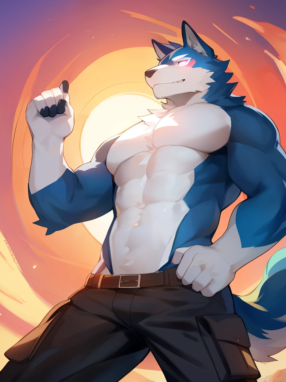 by zixiong, (1boy), solo, male, kemono, (blue wolf), white torso, (naked), wolf ears, handsome, muscular, adult, hunk, hot body, (detailed black eyes), detailed face, detailed hands, white eyebrows, (1 detailed big hard penis erection), thick body, nipples, (full-body), pectoral, a wolf tail, 6-pack abs, masterpiece, high res, best quality), 8k, perfect art, (nsfw), (lineart), best anatomy