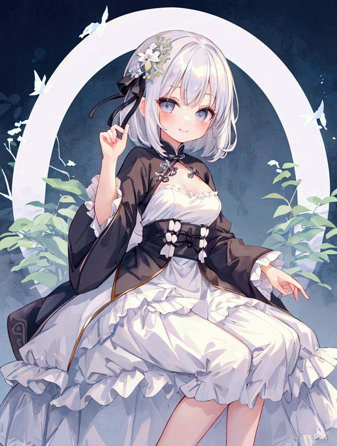 Idol、masterpiece、top-quality、Beautiful expression、absurderes、nffsw、(cowboy shot、White Ruffled Lace Mini Dress、White collar、White ruffle cuff、Particle:1.5)、(bloom、Glow:1.4)、(A smile)、(Short gray hair、yellow eyes:1.7)、foco nítido、Photorealsitic、hight resolution、highestdetailed、ultra-detailliert、detailed faces and eyes、Sharp pupils、Realistic pupils、foco nítido、 shinny skin、Black corset、(dark forest、a river、dark backgrounds:1.5)、Rim lighting、Dynamic, Cinematic lighting、(((tucking up the skirt:1.3)))、(((White panties are visible)))、