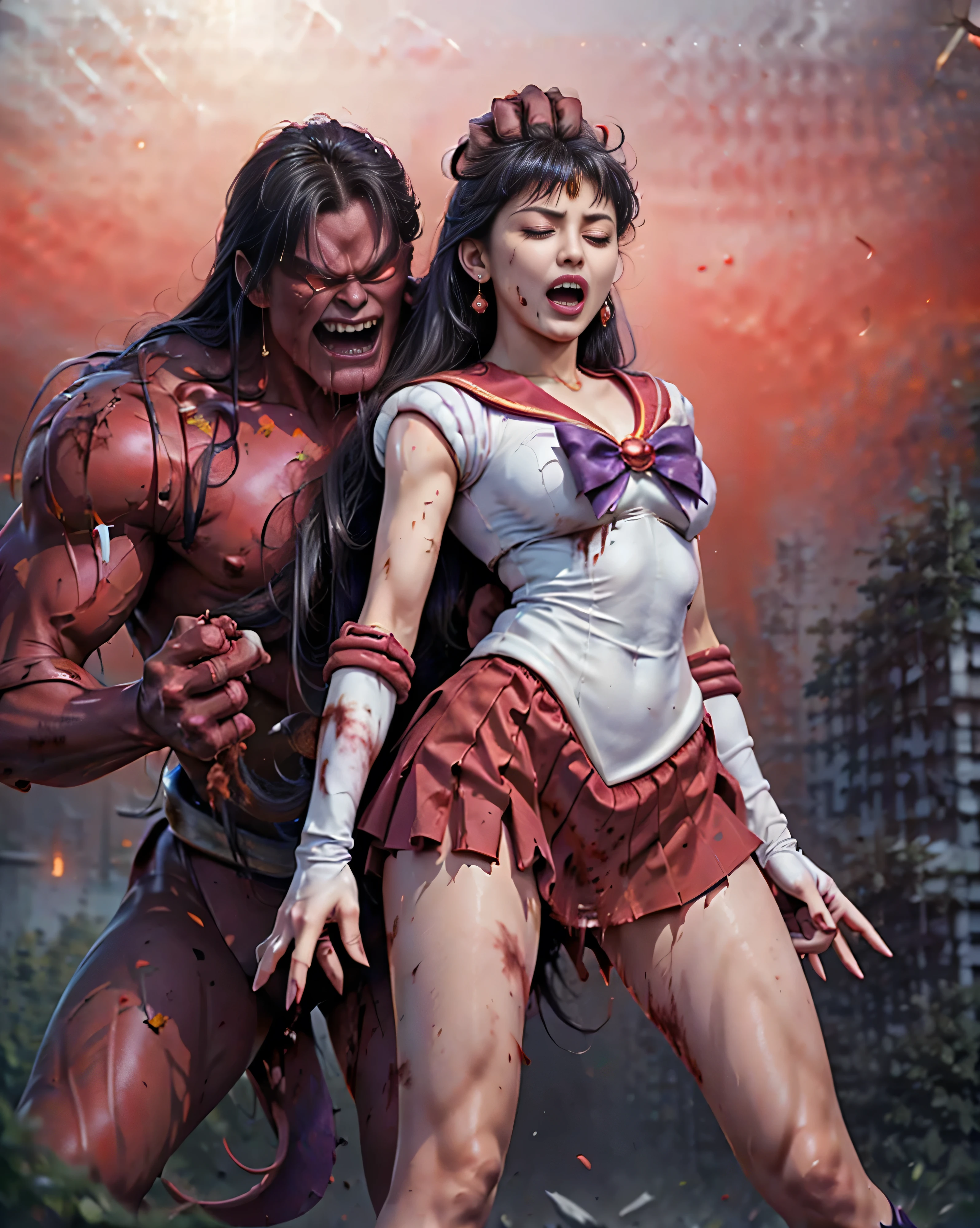 (The 8k quality, Ultra-high-resolution quality, Ultra high definition, Photorealistic, Best Quality):1.5, (masterpiece):1.4,
(camera angle from the front view):7.0,
(in the ruined building):5.5,
(no NSFW, depiction of brutal violence battle, bloody brutal violence, hetero):1.5, (brutal battle of beautifully shaped 1 sailor mars and 1 huge THANOS wearing armor):10.0, (v1ct0ry, hold by head, head grab, legs off ground, legs dangling, arms dangling, full body view, CarnageStyle, (blood_red:1.5)):15.0, (brutal violence, 1 muscular THANOS wearing armor is grabbing sailor mars's head with his hand violently from her behind, grab head):15.0, (1 sailor mars grabbed head from behind, medium breasts):10.0, (sailor mars, sama1, tiara, sailor senshi uniform, red sailor collar, bow, knee boots, choker, white gloves, red choker, elbow gloves, jewelry, earrings, red skirt, small breasts, lowered both arms):10.0, (extremely screaming face with pain, bloody face, closed eyes, medium build, medium height, broken armor):3.5,