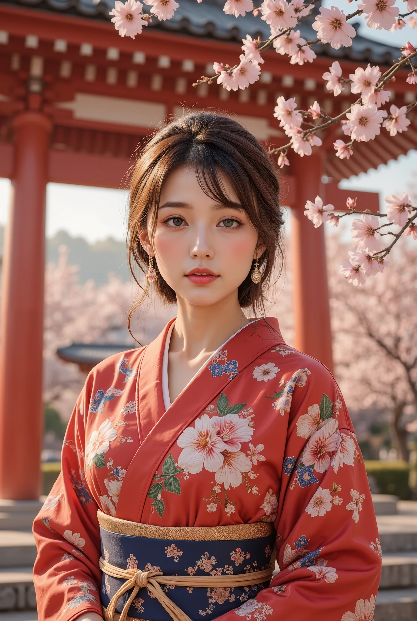 Professional Lighting, (Photo by Nomi:1.4), (Top image quality:1.0), (super A high resolution:1.0), ( in Ruhua Street:1.4), 8k, Raw photosy, ( Masterpiece:0.2), (pureerosface_v1:0.5), (最高 quality Detail:1.2), by Nomi, 8k uhd, high resolution, ( 1 girl:1.2), super detailed, High quality textures, intricate details, VERY DETAILED CG , High quality shadows, Detail Beautiful Delicate Face Wearing Black Leather Outfit , beautiful delicate eyes, ( symmetrical eyes:1.2), depth of field, ray tracing, Japanese girl, (Natural smile:1.4), cute, slender, Portrait of a beautiful Japanese woman wearing a kimono , Standing in a graceful pose at a traditional shrine, Kimono has vivid traditional patterns , gentle expression, (With the shrine in full bloom as a backdrop:1.4), Shoot at an angle from below, The soft light of a spring afternoon, Adding tranquility to the scene, ((A little wind is blowing, hair fluttering , And the cherry blossom petals flutter:1.4)), Render in a by Nomi style with meticulous attention to detail, high resolution, magic hour , ( by Nomi:1.3), Detailed, quality, ( Masterpiece:1.2), (Photo by Nomi:1.2), (最高 quality), ( intricate details), dramatic, ray tracing, photos, ((( highly revealing ))), ((smile)), (((from below:1.5))),