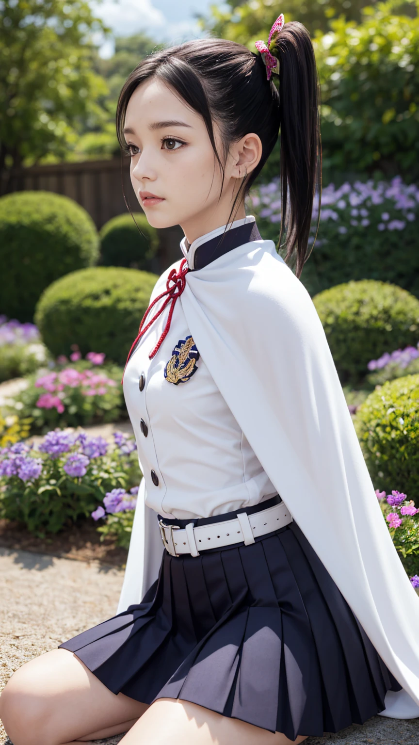 kanaotsuyuri, kanao tsuyuri, black hair, butterfly, butterfly hair ornament, (purple eyes:1.1), side ponytail, ponytail, 
BREAK black skirt, cape, demon slayer uniform, long sleeves, pleated skirt, skirt, white cape,
BREAK looking at viewer,
BREAK indoors, classroom,
BREAK (masterpiece:1.2), best quality, high resolution, unity 8k wallpaper, (illustration:0.8), (beautiful detailed eyes:1.6), extremely detailed face, perfect lighting, extremely detailed CG, (perfect hands, perfect ???????), looking at viewer