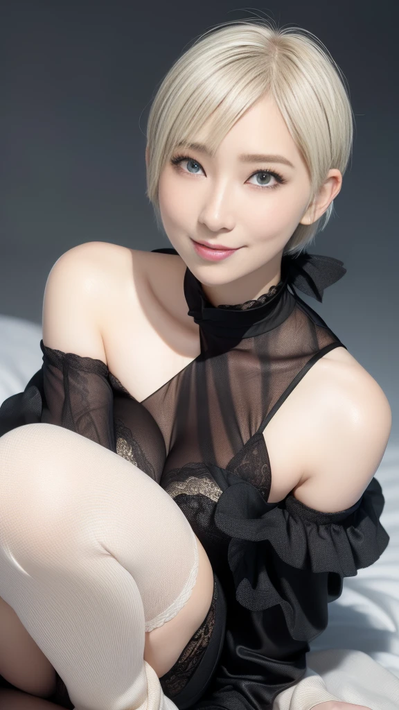 (Highest quality、4K、8k、High resolution、masterpiece:1.2)、Very detailed、(Genuine、Realistic、Realistic:1.3)、Japanese women、blonde、Pixie Cut、seductive smile、black choker、Leaning back in a chair、pussy juice