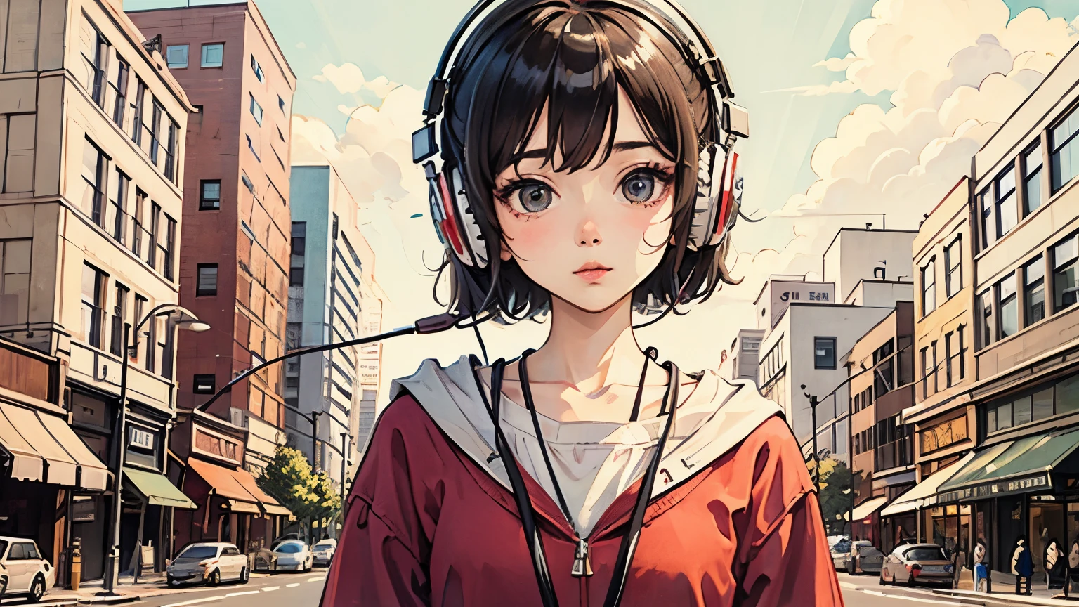 Anime girl with headphones on walking down the street in a city - SeaArt AI