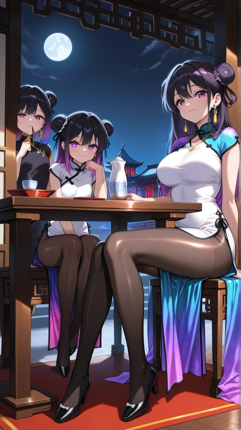 gigantic cleavage breasts,Solo,Gorgeous Hanfu,Green Hanfu,Hanfu,Female Taoist,Chinese medicine,Black hair,Golden pupils,Black leather boots,Place your legs on the bench,Sit in a waiting chair at the bus stop,Wait for the bus,Heavy rainy days,Serious expressions