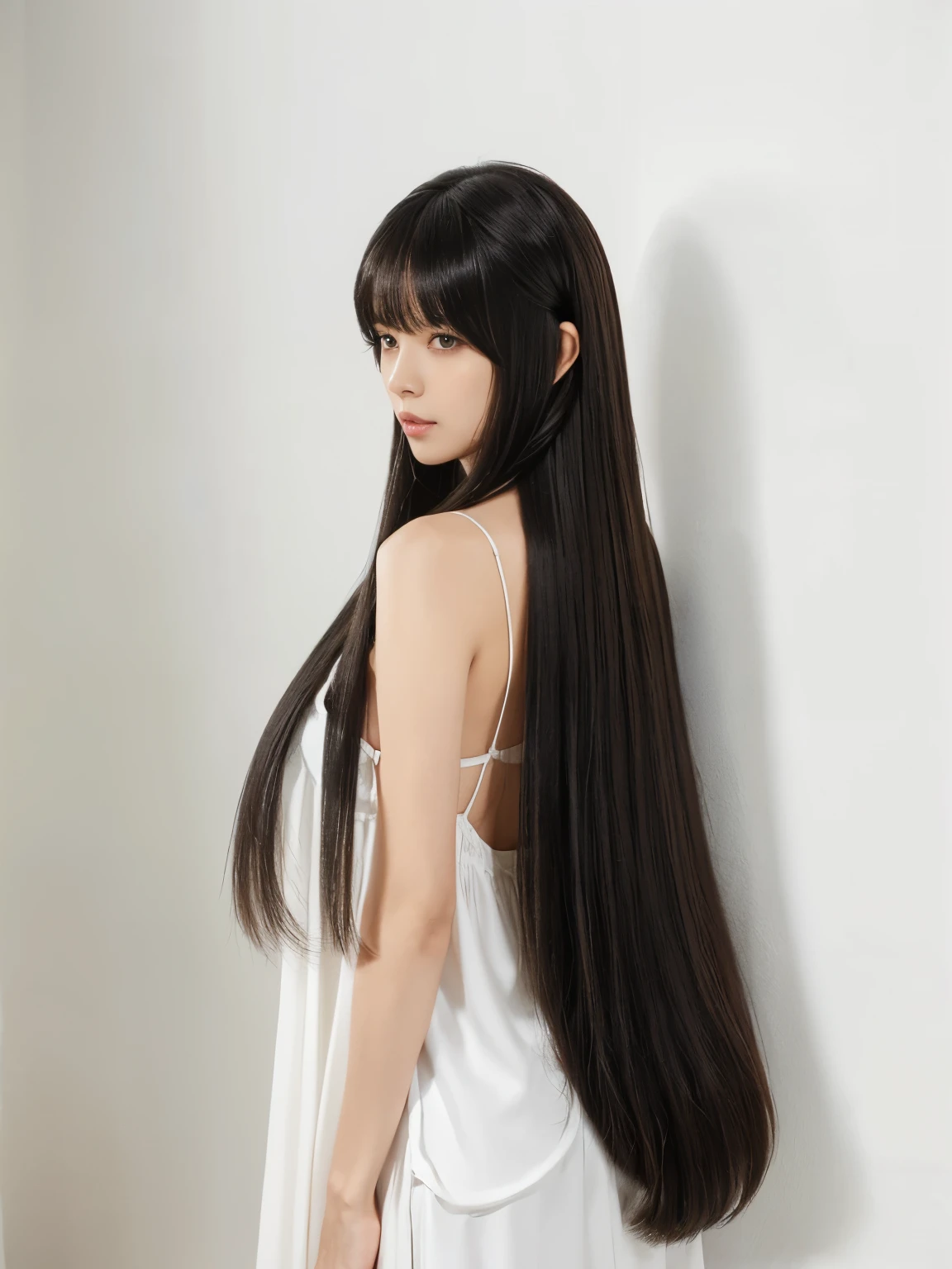 (Upper Body Shot:1.1) (She is standing in front of a white wall and in a sway back stance, Expose as much hair as possible.:1.4) ((He holds her large breasts from underneath with both hands.)) ((Highest quality)), ((masterpiece)), (family friendly), (Get used to it) ((Her hair is very straight!!!!!)) ((Her hair is very curly:1.4)) ((Her hairstyle is random)) (Her hair is pitch black!!!) ((Her bangs are neatly trimmed and straight down.:1.3)) (Very long hair Up to the ankle!!!!! Highest quality Attention to detail Very long hair Up to the ankle!!!!! Very long hair!!!!! It lasts forever!!!!! Flowing Hair Very shiny and thick hair Abnormally long hair!!!!! It lasts forever!!!!! Flowing Hair on both ends!!!!! Very long hair!!!!! Up to the ankle!!!!! Very long hair!!!!! Up to the ankle!!!!! Thick and shiny hair Very free hair Abnormally long hair!!!!! Beautiful silky hair Beautiful and shiny hair Beautiful and shiny hair Beautiful silky hair Very long hair Up to the ankle!!!!! Very long hair!!!!! Very long hair!!!!!) (Japanese Solo Photos'The most beautiful 24-year-old hair models:1.5) Perfect Woman'face (She has a typical Japanese build and skin color..., Her skin is very high quality and ultra high definition.、very beautiful and glowing skin) (Her face is dignified and sexy)(She applied sexy makeup with the help of a professional makeup artist..... Lipstick is bright red The eyeliner is a beautiful black) (She has a typical Japanese build and skin color Her skin is very delicate and sensitive..、and、Such beautiful and radiant skin) ((Her face shape is thinner than average:1.4)) ((Her eyes are larger than average:1.4)) ((Her eyes are larger than average:1.4)) ((Rich 1.4)) (Extremely detailed 8K) (Ultra-fine skin texture 1.4) (current, Vibrant:1.4), Sharp focus:1.2、Beautiful woman:1.4 Dynamic Lighting (Genuine RAW photos taken by professional photographers) very beautiful and glowing skin) (Surreal photos by professional photographers :1.2) (Very long hair Up t