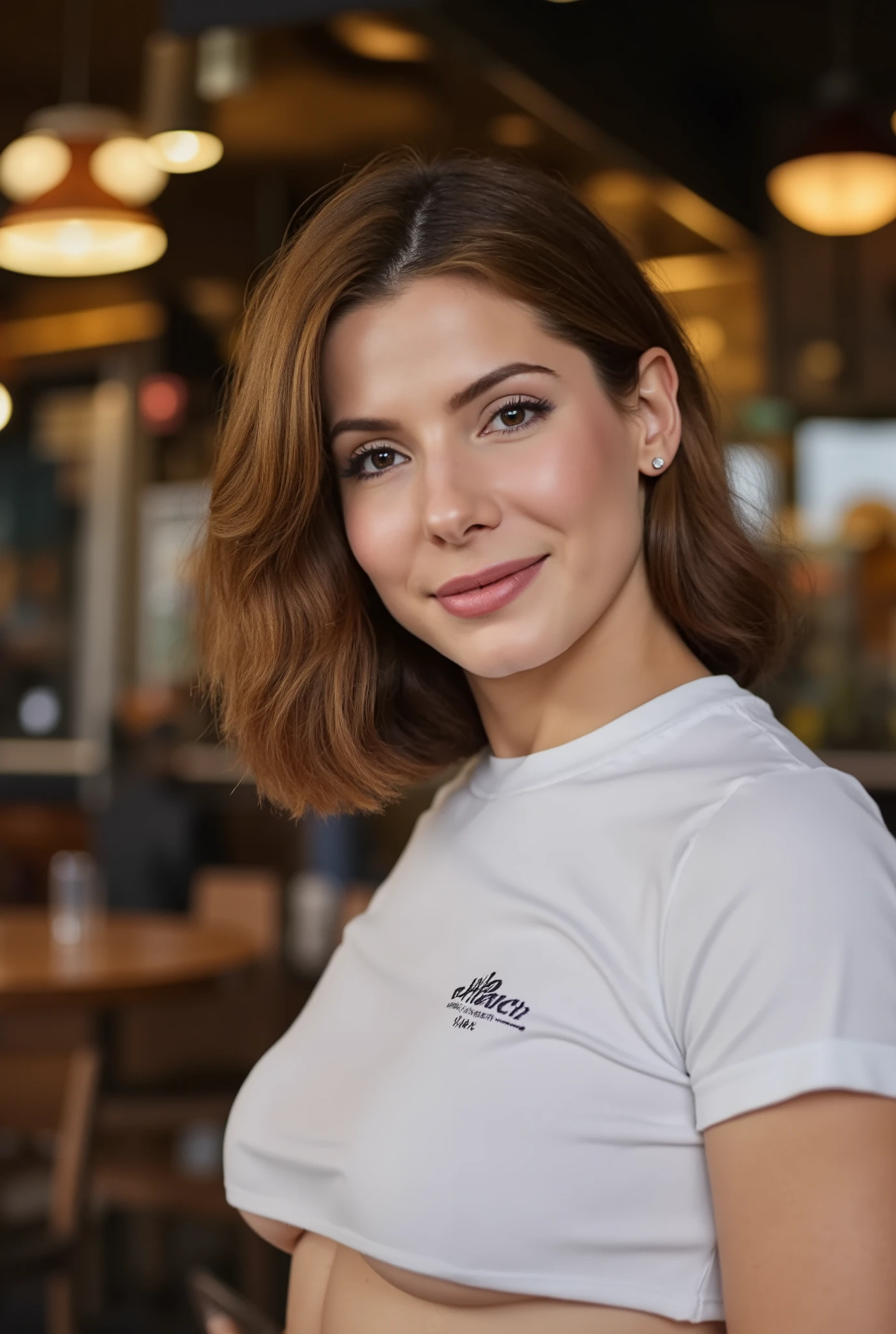 beautiful detailed photograph, shoulder-length hair styled in a bob with a slight side part, clothes showing underboob, standing in a cafe, looking at the viewer, smile