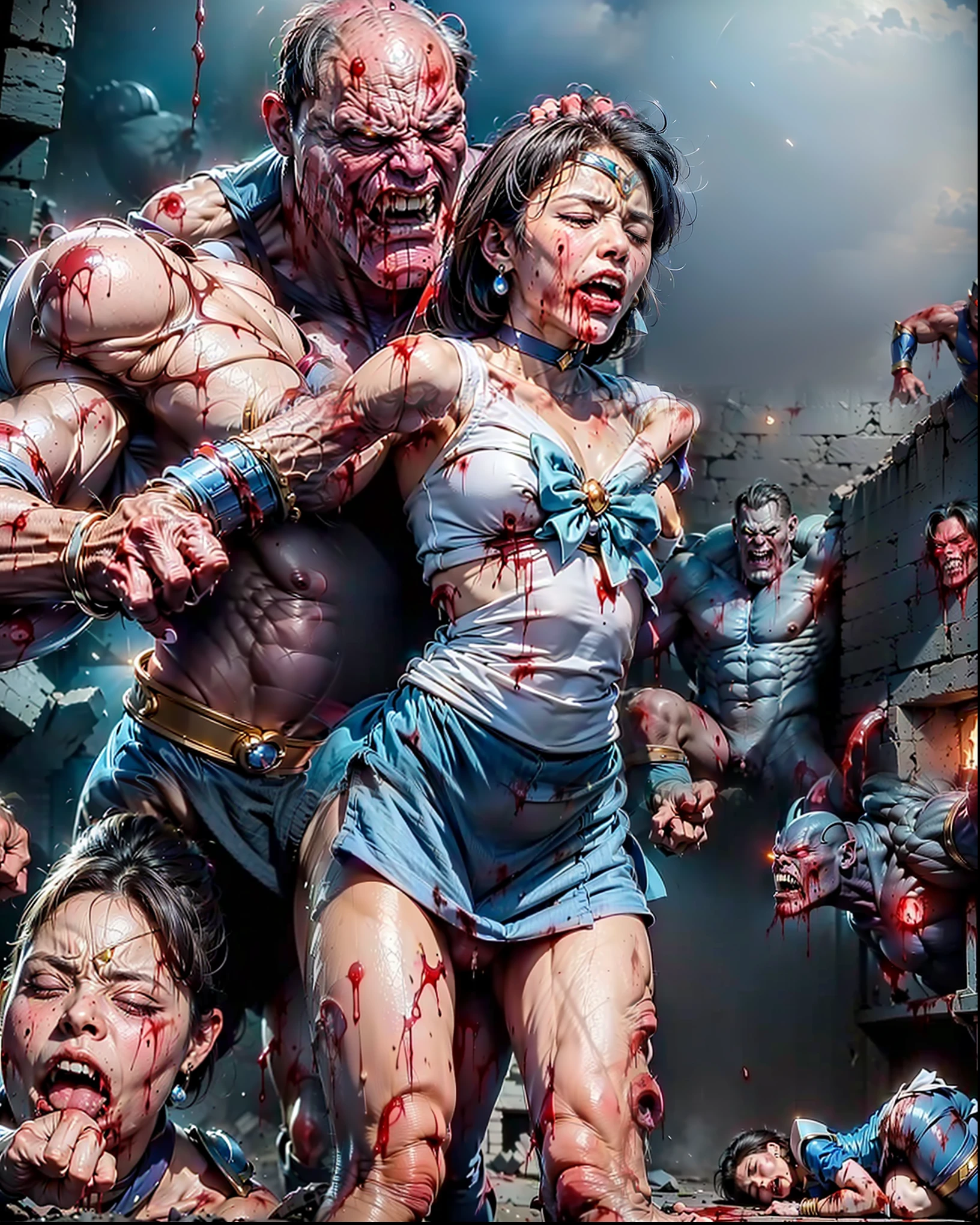 (The 8k quality, Ultra-high-resolution quality, Ultra high definition, Photorealistic, Best Quality):1.5, (​masterpiece):1.4,
(camera angle from the front view):7.0,
(in the ruined building):5.5,
(depiction of brutal violence battle, bloody brutal violence, hetero):1.5, (brutal battle of beautifully shaped 1 sailor mercury and 1 huge THANOS wearing armor):10.0, (v1ct0ry, hold by head, head grab, legs off ground, legs dangling, arms dangling, full body view, CarnageStyle, (blood_red:1.5)):15.0, (brutal violence, 1 muscular THANOS wearing armor is grabbing sailor mercury's head with his hand violently from her behind, grab head):15.0, (1 bloody sailor mercury grabbed head from behind, medium breasts):10.0, (sailor mercury, mer1, tiara, sailor senshi uniform, blue sailor collar, bow, knee boots, choker, white gloves, blue choker, elbow gloves, jewelry, earrings, blue skirt, small breasts), (extremely screaming face with pain, bloody face, closed eyes, medium build, medium height, broken armor):3.5,