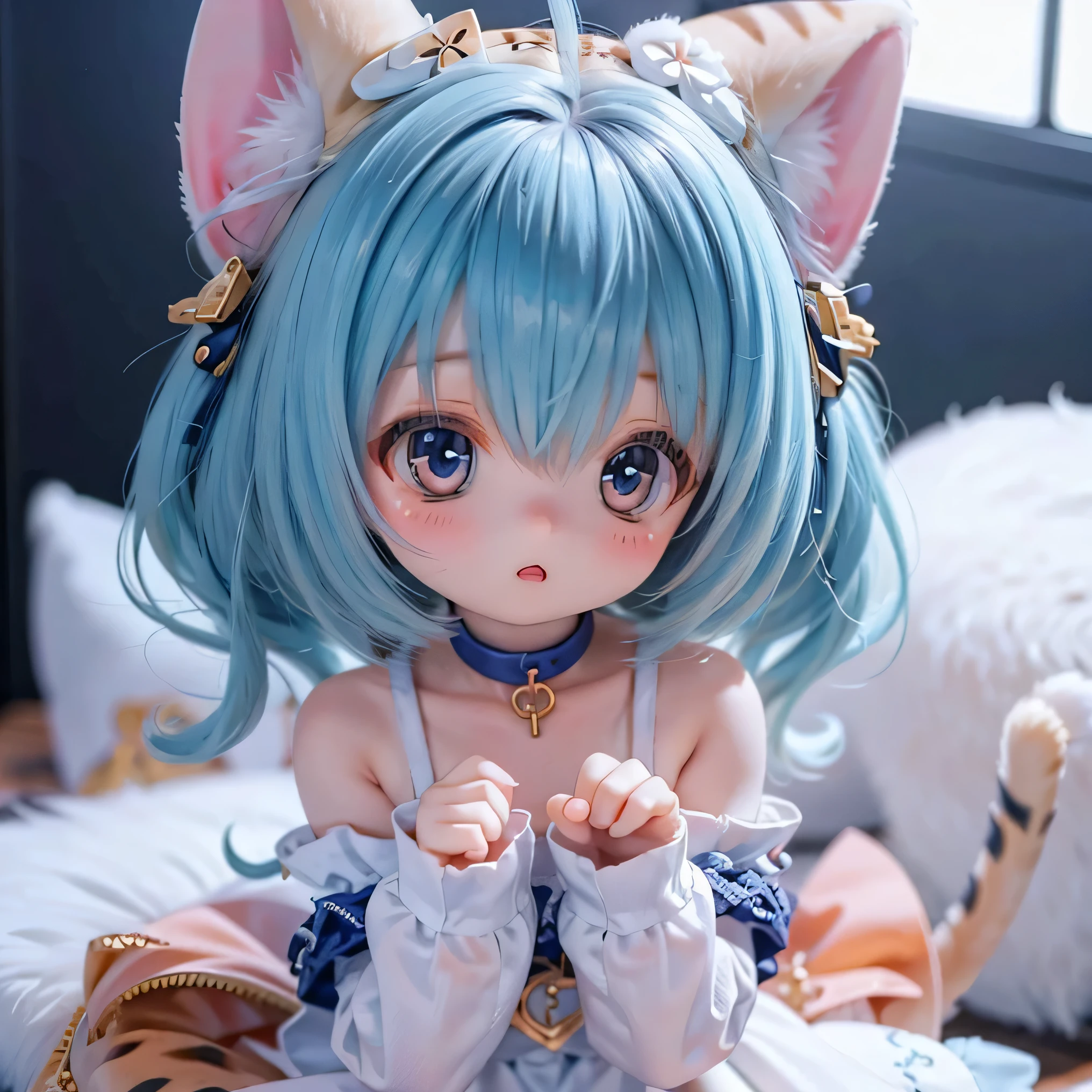 serval cat girl cat ears and tail , chubby and is cute , is cute , photorealistic under white micro , 4K, Crimson's hair is so smooth , Masterpiece, is cute , CUTE DESIGN , beautiful eyes , beautiful lips, beautiful face, long eyelashes , More Information , dynamic lighting , I tried reducing luster with pastel colors , elegant , elegant , wonderful, hugging fantasy nude nsfw