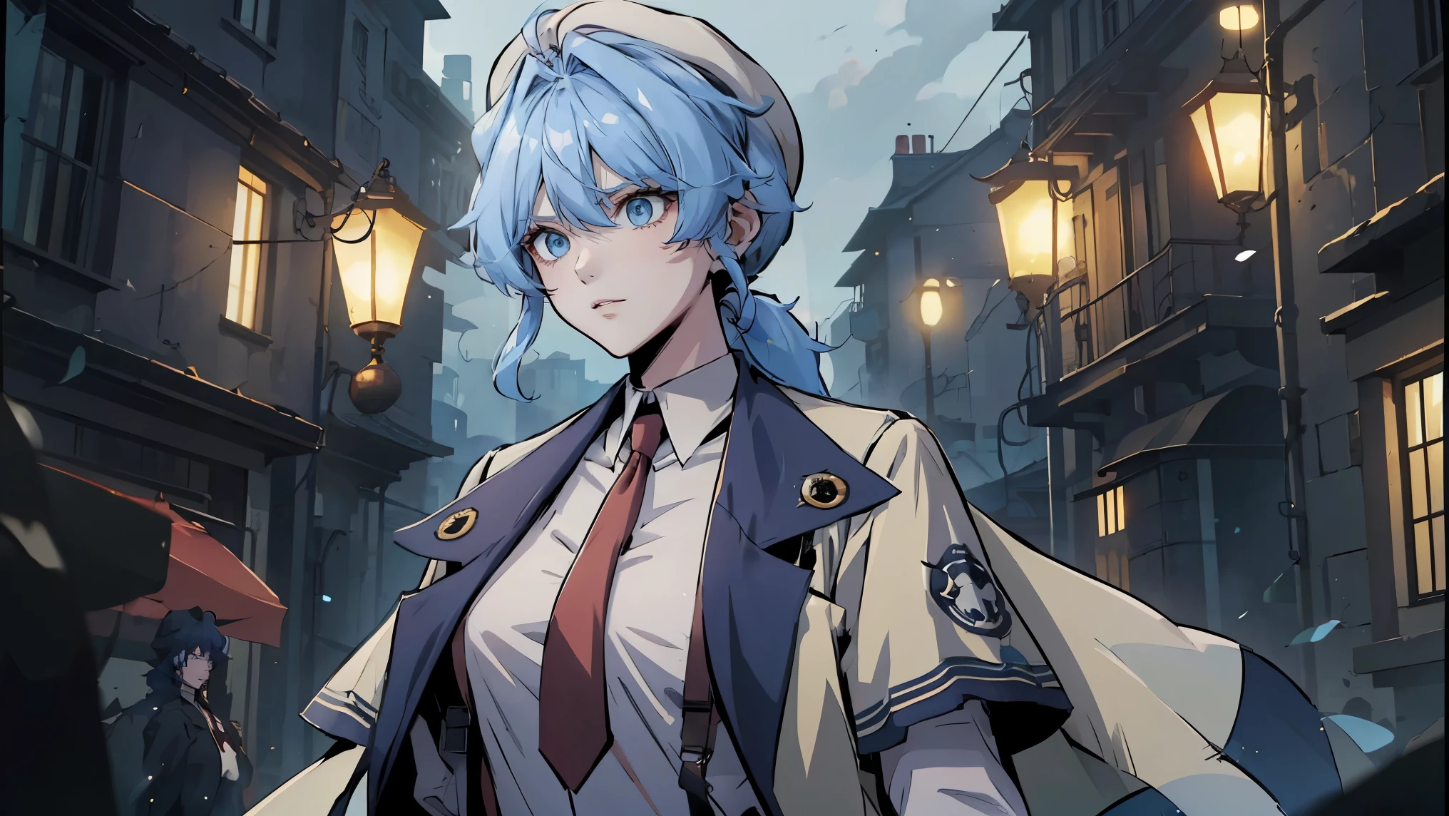 a half length portrait of a person wearing a hat and a red tie,(2 d anime style),(tall anime girl with blue eyes), female protagonist 👀 :8, nagito komaeda, anime character, 2 d anime, from girls frontline, ((Manhwa artstyle)), best anime 4k konachan wallpaper, female anime character, girls frontline style, trigger anime artstyle, detective costume, blue jeans, (cream trench coat), sherlock holmes female cosplay, white beret, blue hair, 17th century steampunk street night, anime hairstyle, ((loose clothes)), dark rainy background, street light, CaseySelmoy, 1girl, short hair, blue eyes, blonde hair, shirt, hat, light blue hair, jacket, white shirt, necktie, collared shirt, (blue baggy pants), coat, low ponytail, Her hairstyle can be described as "ponytail with bangs". (The hair is parted in the middle, with loose, slightly wavy ponytail tied low, and "soft messy bangs" covering part of her forehead), (Her bangs can be described as soft, wispy, and slightly layered curtain bangs). They are parted slightly in the middle, allowing some strands to fall gently across her forehead while framing her face. The bangs have a slightly uneven cut, with some strands extending longer towards the sides, blending naturally into the rest of her hairstyle, (tall slim adult body), (soft cute smile)